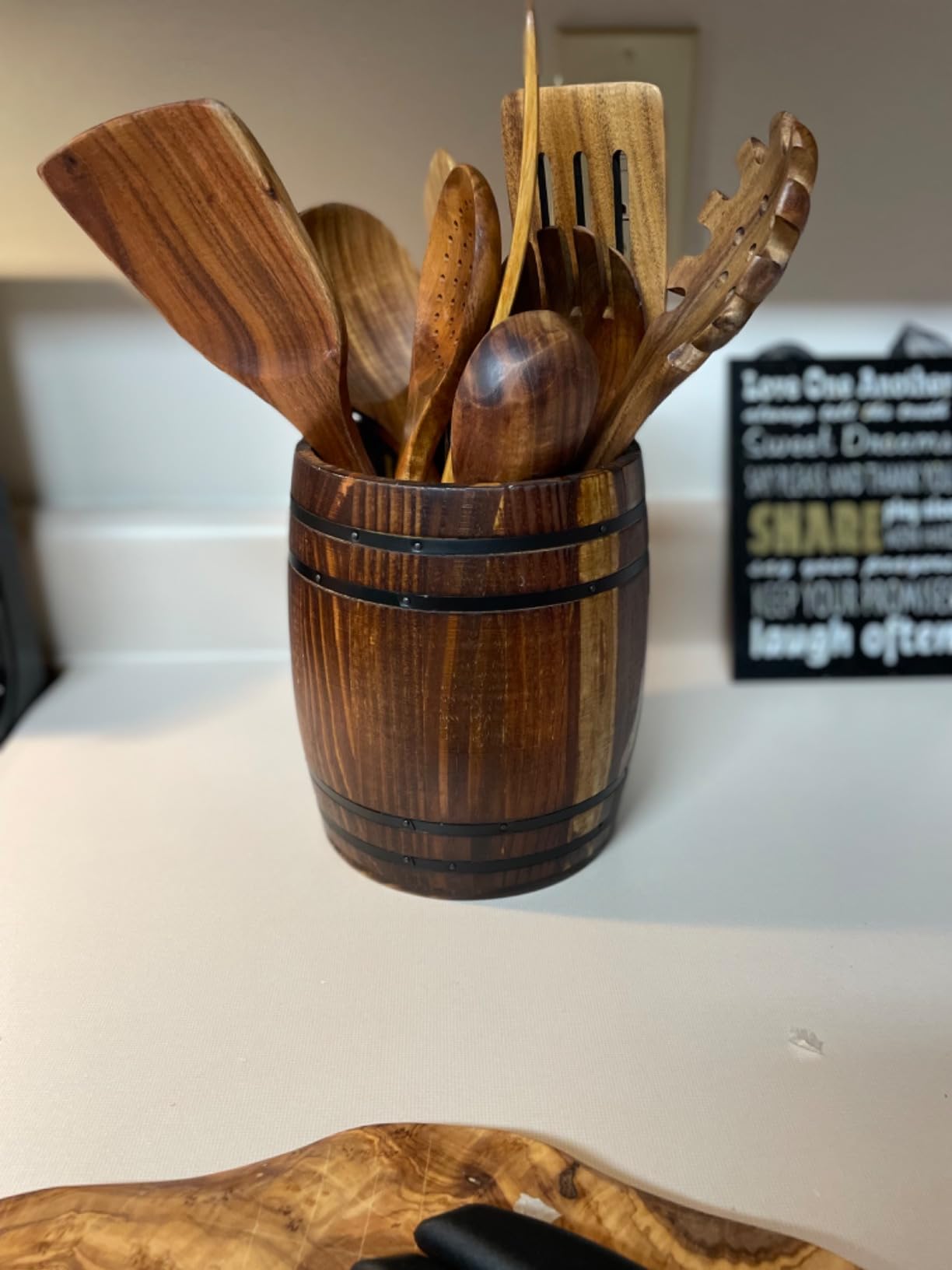 MyGift Wine Barrel Design Kitchen Utensil Crock, Vintage Rustic Burnt Wood Cooking Tool Holder customer photo 2