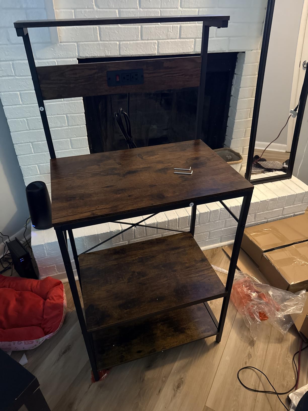 SUPERJARE Kitchen Bakers Rack with Power Outlet, Coffee Bar Table 4 Tiers, Kitchen Microwave Stand with 6 S-shaped Hooks, Storage Shelf Rack for Spices, Pots and Pans - Rustic Brown customer photo 2