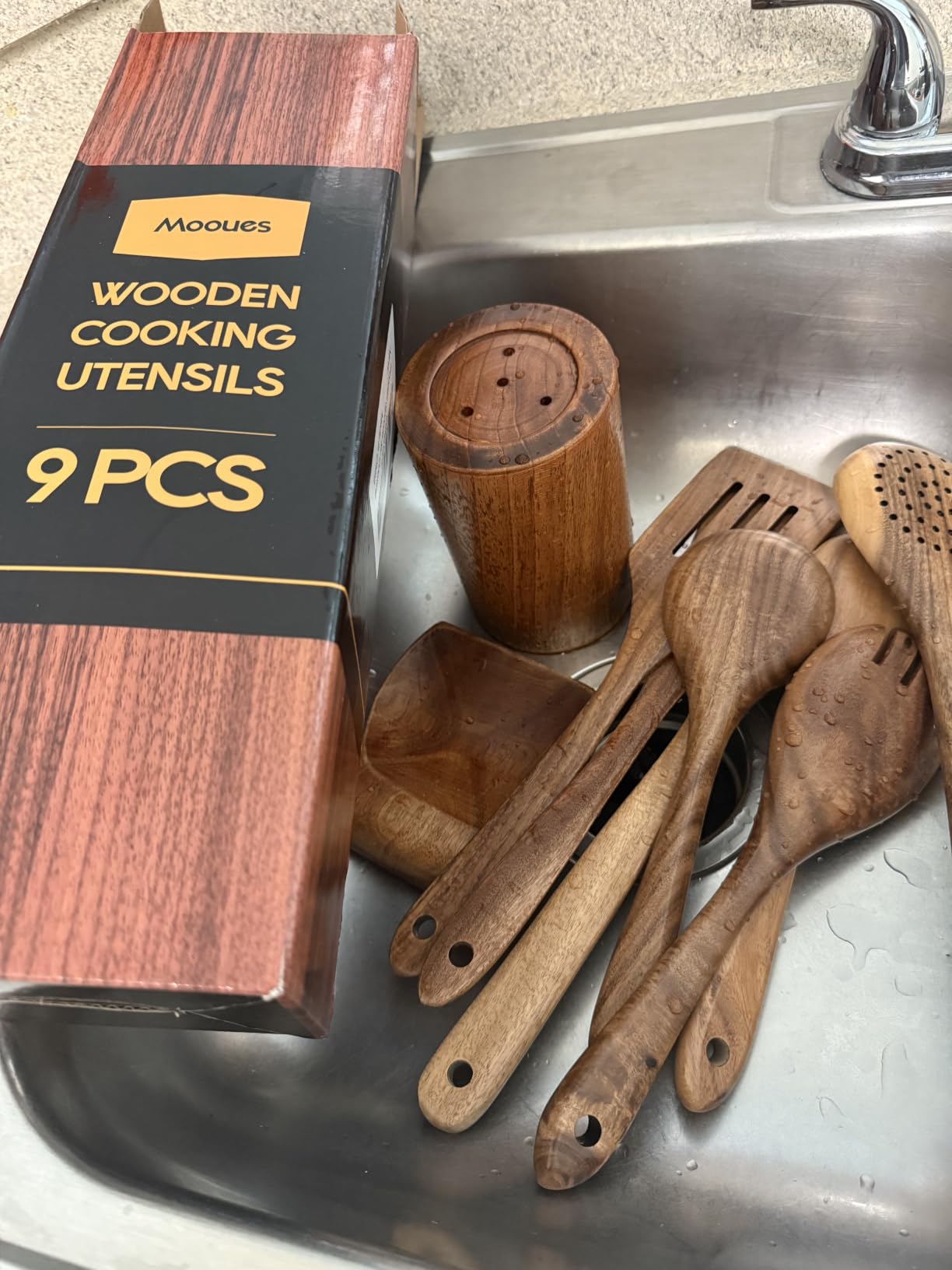 Mooues Wooden Kitchen Utensil Set, 9 Piece Natural Teak with Spoon Rest | Wooden Cooking Utensils with Comfort Grip, Smooth Durable Heat Resistant Cooking Spoons and Utensils Holder for Cooking customer photo 1