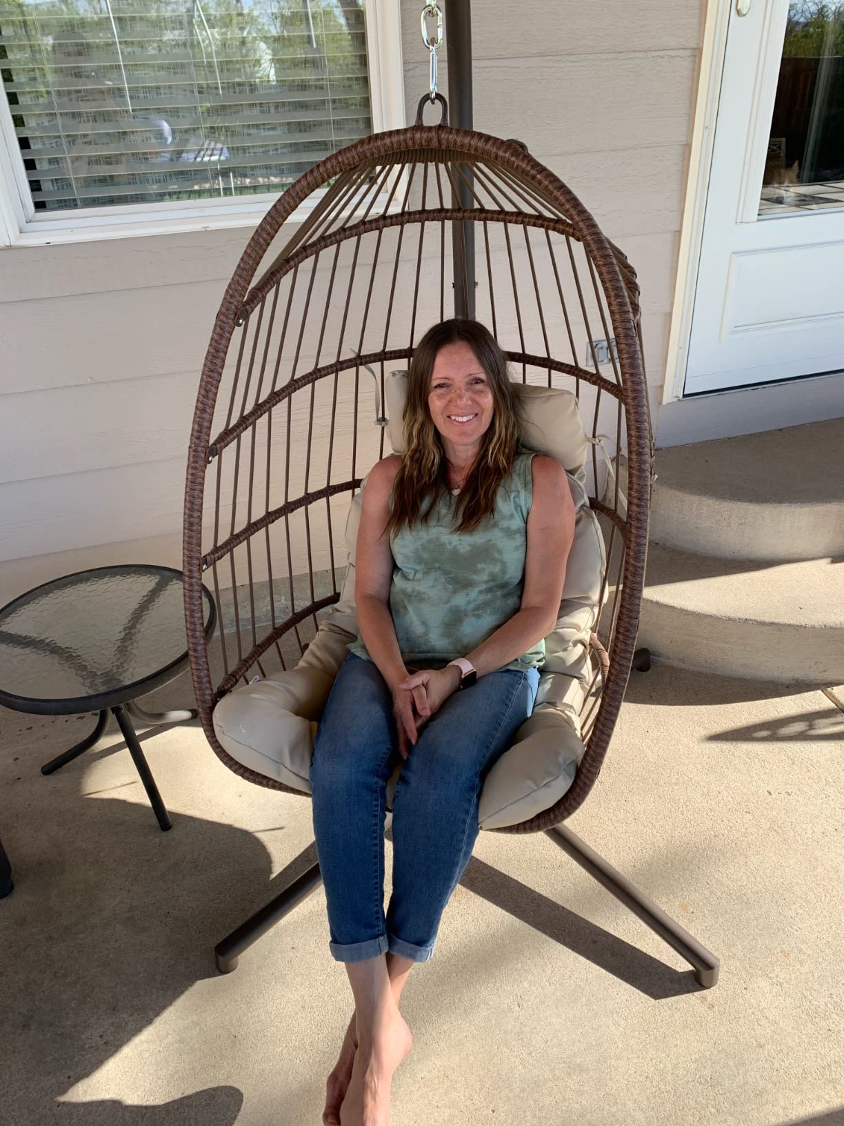 RADIATA Egg Chair Outdoor with Stand, PE Wicker Hanging Swing Egg Chair, 350 lbs Heavy Duty, Beige, Foldable, PE Rattan Swing Hammock Chair, Hanging Egg Chair with Thick Cushion for Patio Garden customer photo 1