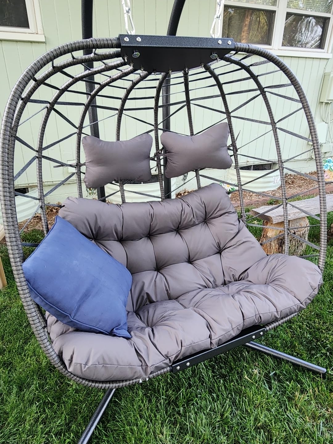 RADIATA Egg Chair Outdoor with Stand, PE Wicker Hanging Swing Egg Chair, 350 lbs Heavy Duty, Beige, Foldable, PE Rattan Swing Hammock Chair, Hanging Egg Chair with Thick Cushion for Patio Garden customer photo 2