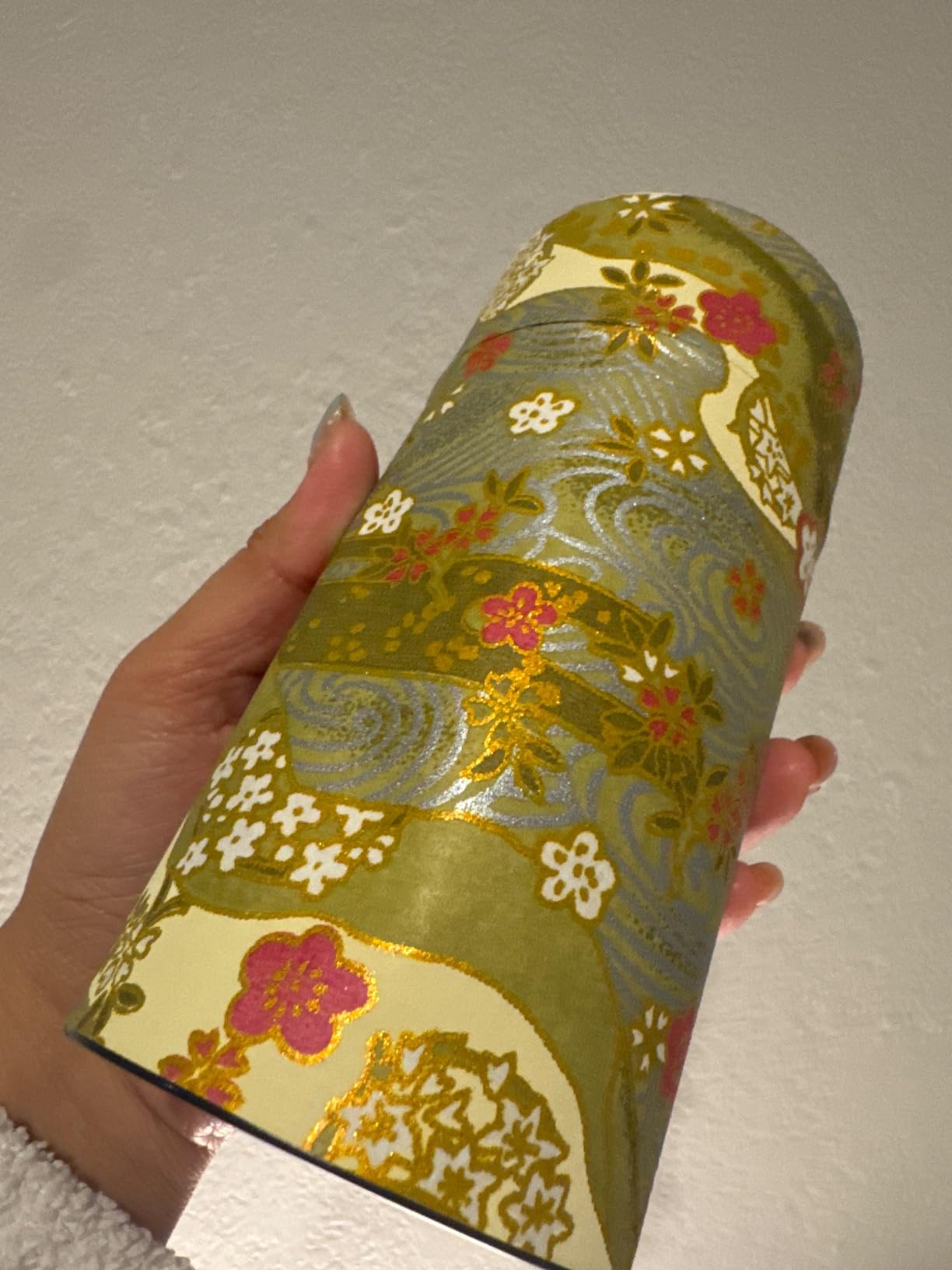 野口熊太郎茶園 Japanese Tea Canister Tin Shikisai(Four Seasons Color) Green/Double Lid/Japanese Washi Paper Pasted /200g Tea Capacity customer photo 1