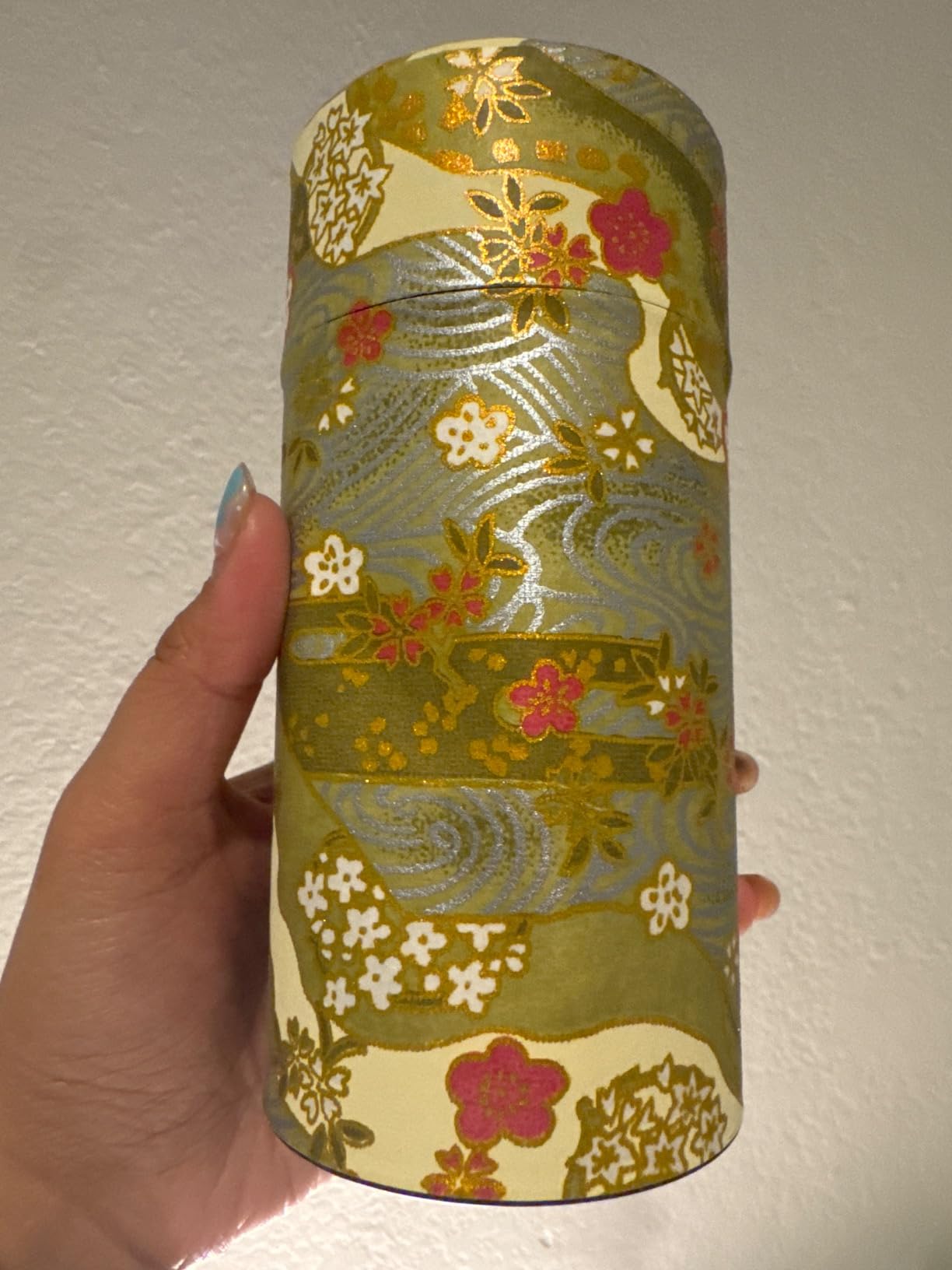 野口熊太郎茶園 Japanese Tea Canister Tin Shikisai(Four Seasons Color) Green/Double Lid/Japanese Washi Paper Pasted /200g Tea Capacity customer photo 2