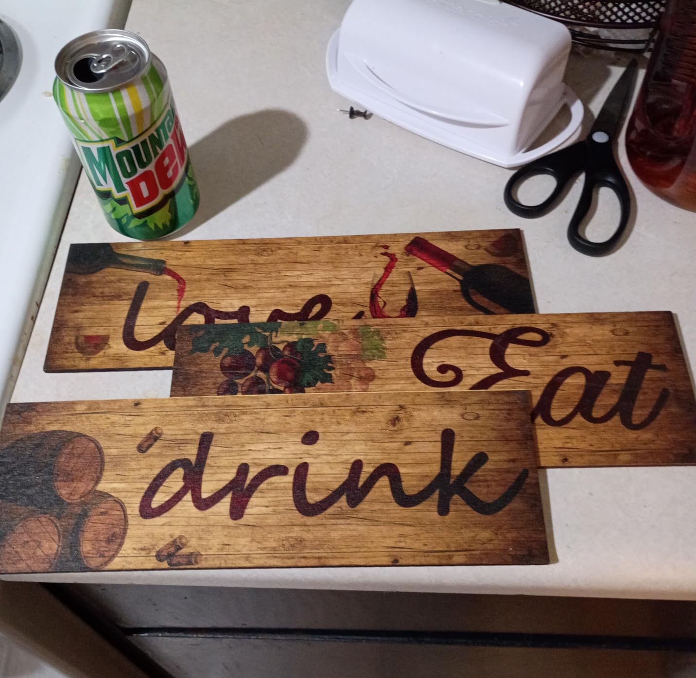 3 Pieces Red Wine Wall Art Wooden Barrel Wall Plaque Love,Eat,Drink Wood Signs Food Kitchen Decor Fruit Grape Wall Decor Retro Wine Cup/Bottle Picture for Dining Room Wine Cellar Artwork (Black) customer photo 1