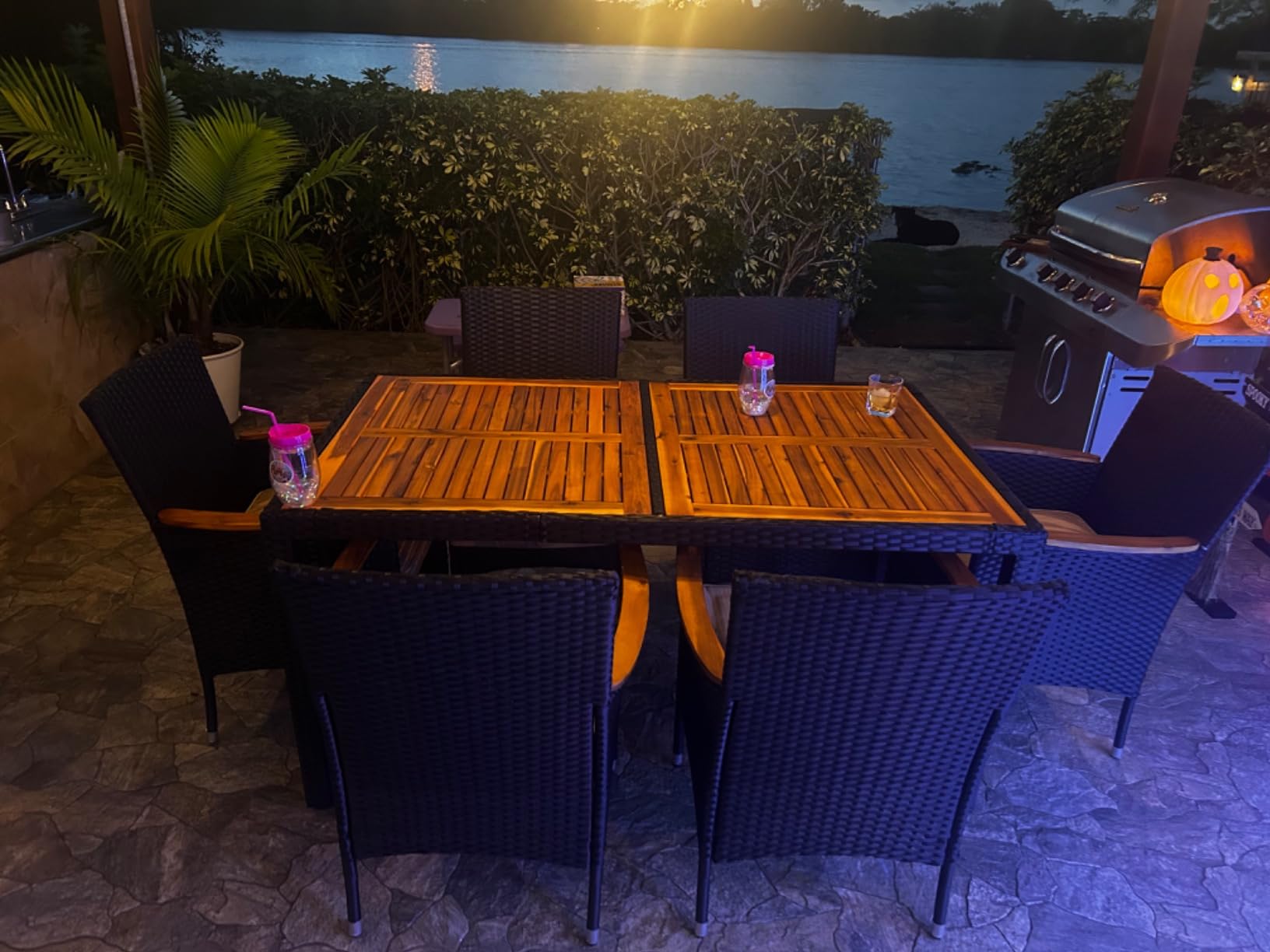 Devoko 7 PCS Acacia Wood Patio Dining Set, Black Rattan | Outdoor Patio Furniture Set, Patio Dining Table Set for 6, Patio Table and Chairs Set For Garden Backyard Pool Side customer photo 1