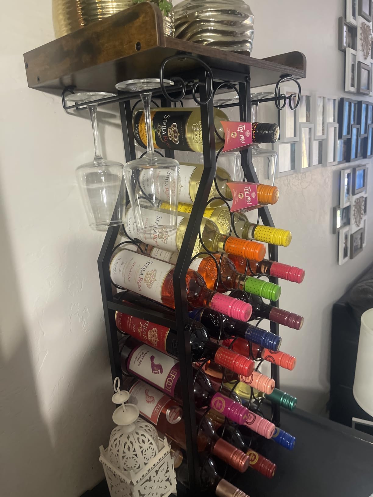 X-cosrack Wine Rack Freestanding Floor, Mini Bar Table Wine Holder Stand with Glass Holder Wood Tabletop 14 Bottles customer photo 2
