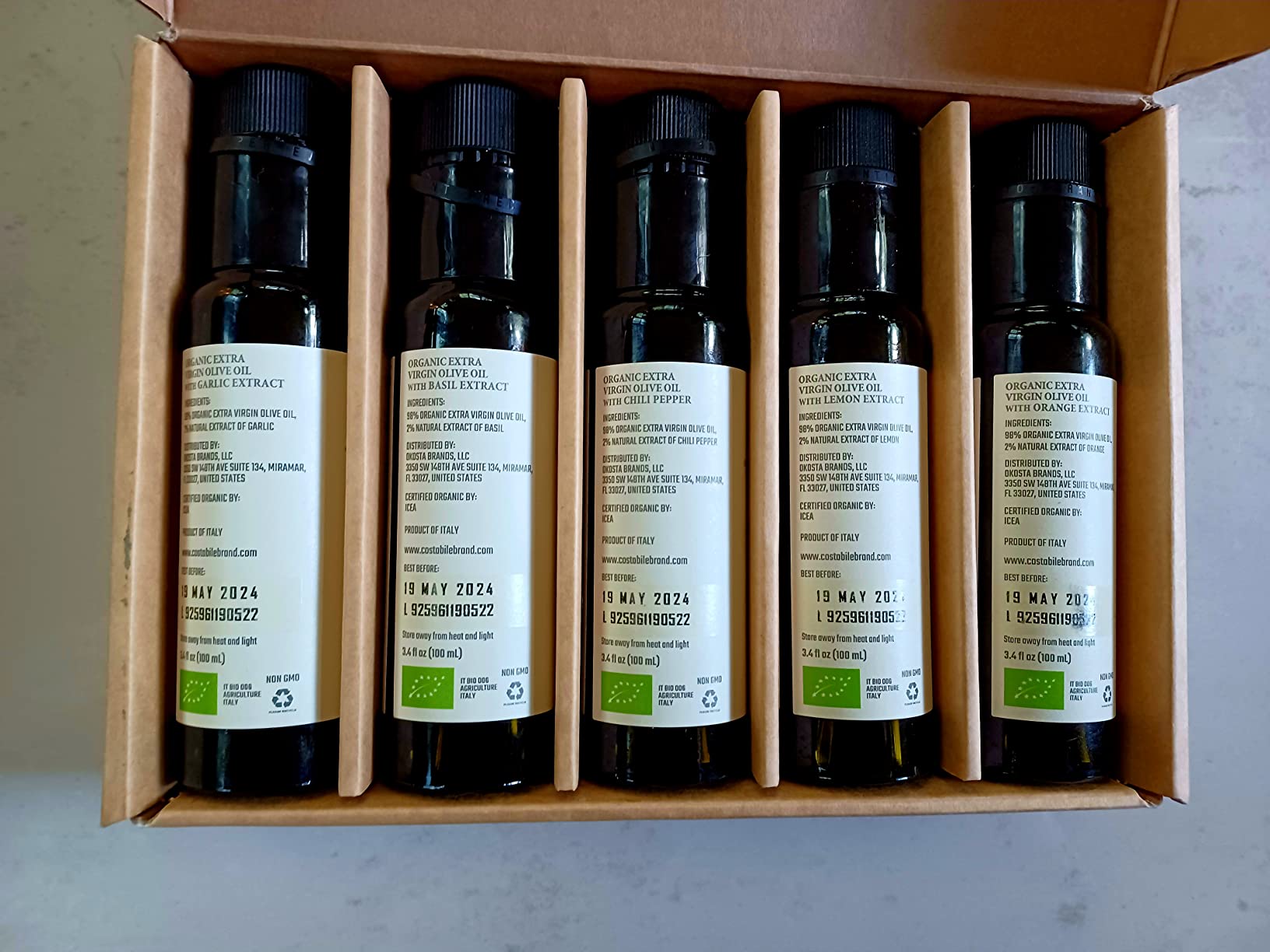 Infused Olive Oil Gift Sets - Organic Puglia Olive Oil Sampler Gift Set. Ideal for Italian and Edible Baskets. Gourmet Box for Food Lovers of 5 x 3.45 Fl.Oz customer photo 1