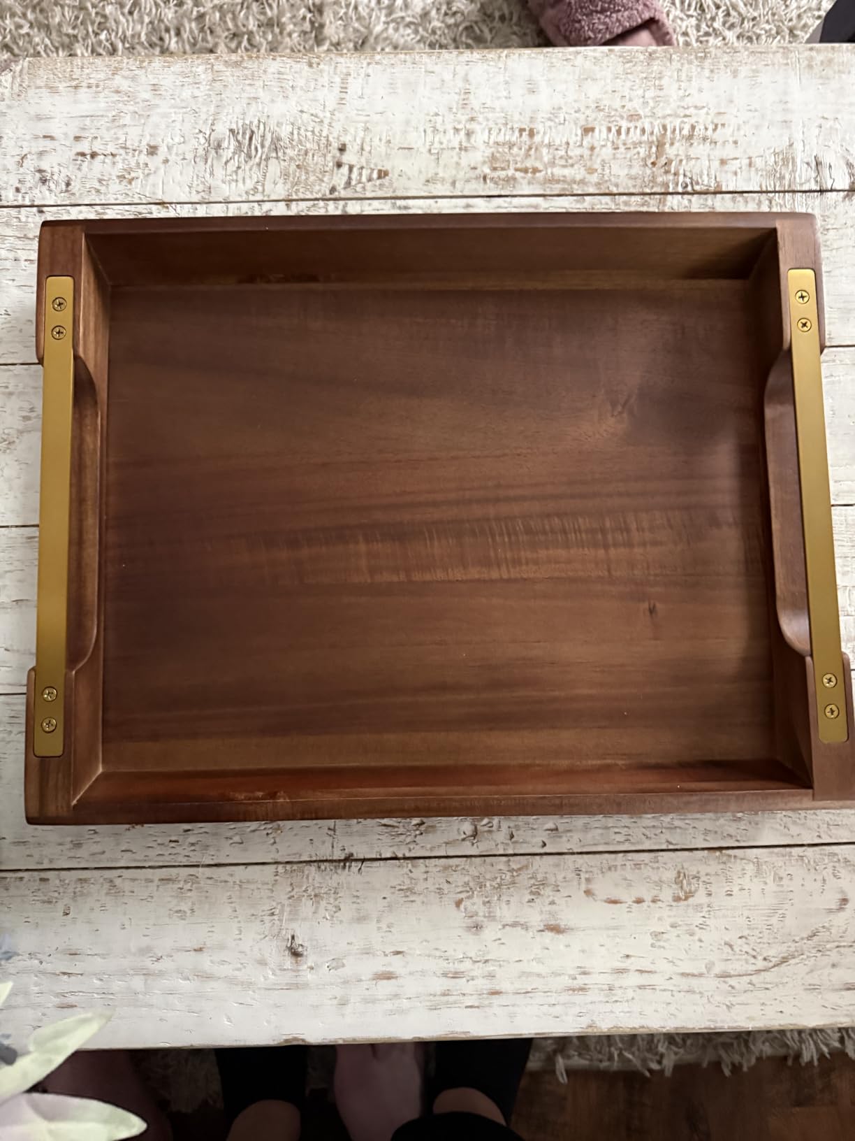 Acacia Wood Serving Tray with Metal Handle, 17x13in Tray for Ottoman, Decorative Food & Drink Tray for Coffee Table, Breakfast, Dinner, BBQ, Party, Rustic Home Decor, Elegant Gift Box customer photo 1