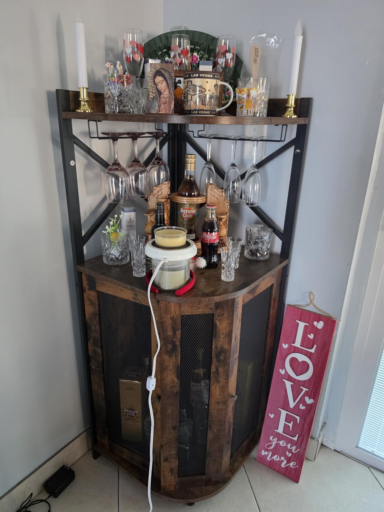 JKsmart Corner Bar Cabinet with LED Lights,Industrial Wine Cabinet with Glass Holder,4-Tier Wine Cabinet with Door and Shelf,Farmhouse Home Bar for Liquor Wine Coffee Storage,Rustic Brown customer photo 2