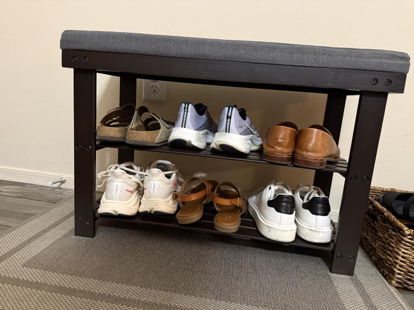 SONGMICS Bamboo Shoe Bench, 3-Tier Shoe Rack Organizer for Entryway, Living Room, Bench Seat Holds Up to 300 lb, 11.9 x 28.3 x 19.2 Inches, Ink Black and Slate Gray ULBS604B01 customer photo 1