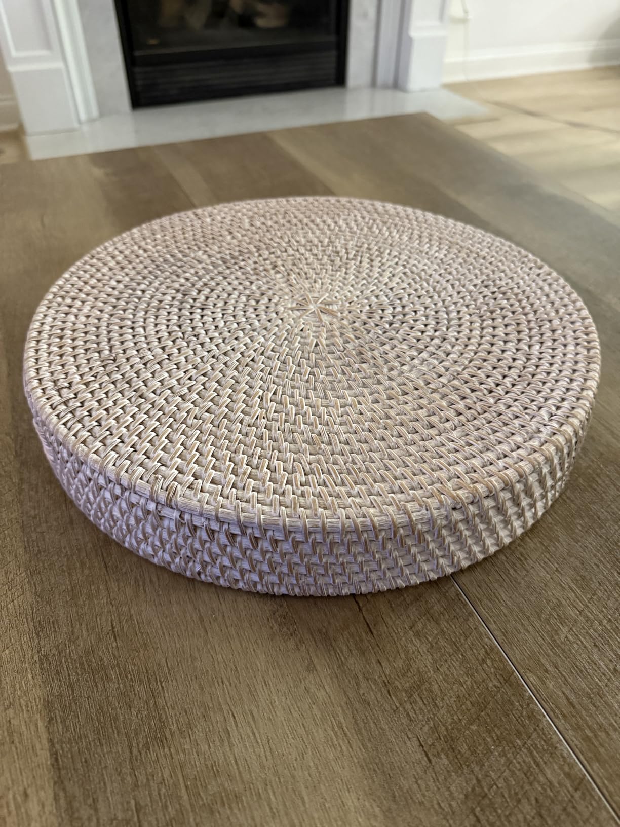 Coffee Table Tray Round Rattan Ottoman Tray Woven Serving Trays with Handles for Home and Kitchen Decorative White (Large 14 inch x 2.4 inch) customer photo 1