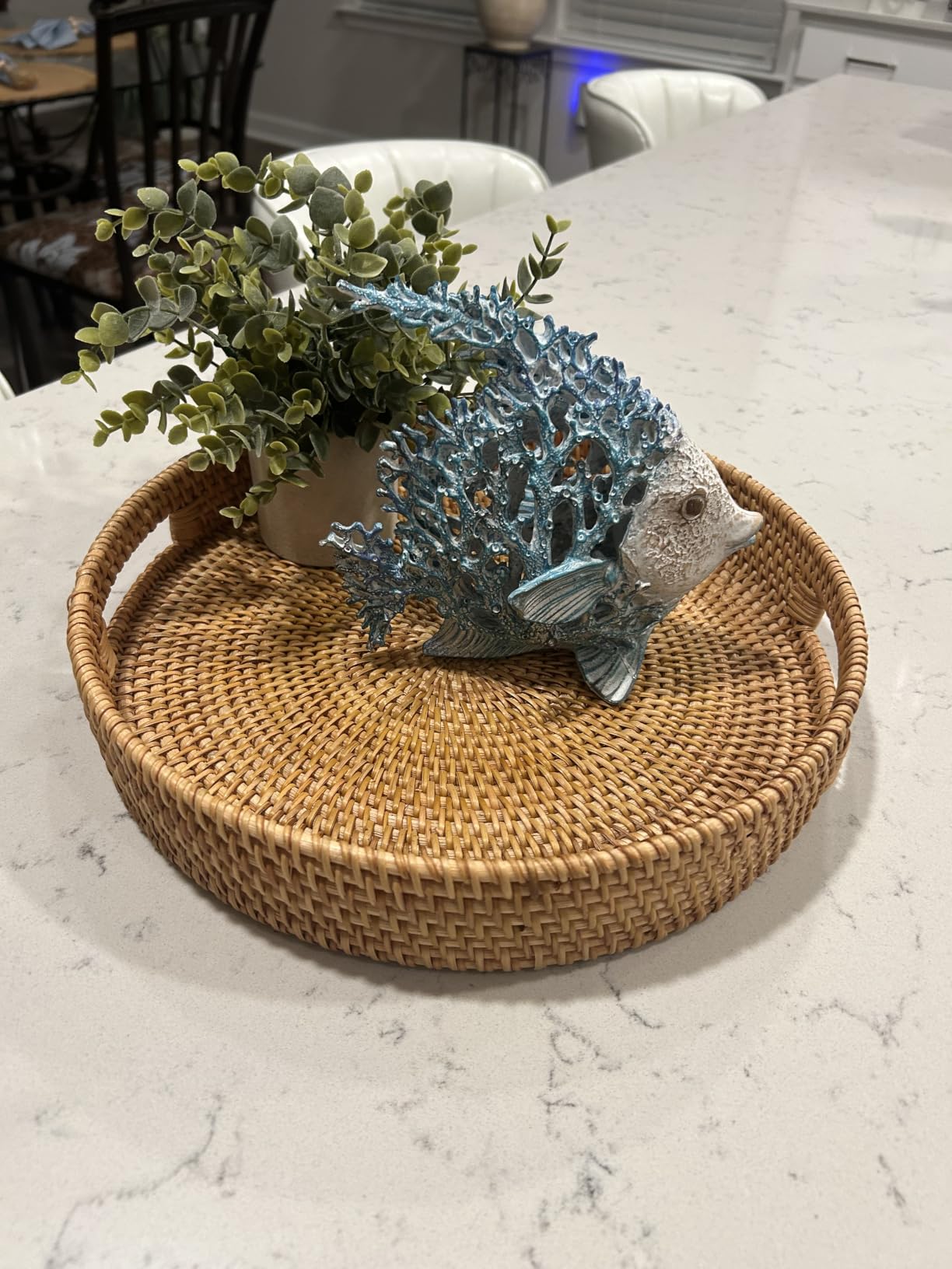 Coffee Table Tray Round Rattan Ottoman Tray Woven Serving Trays with Handles for Home and Kitchen Decorative White (Large 14 inch x 2.4 inch) customer photo 2