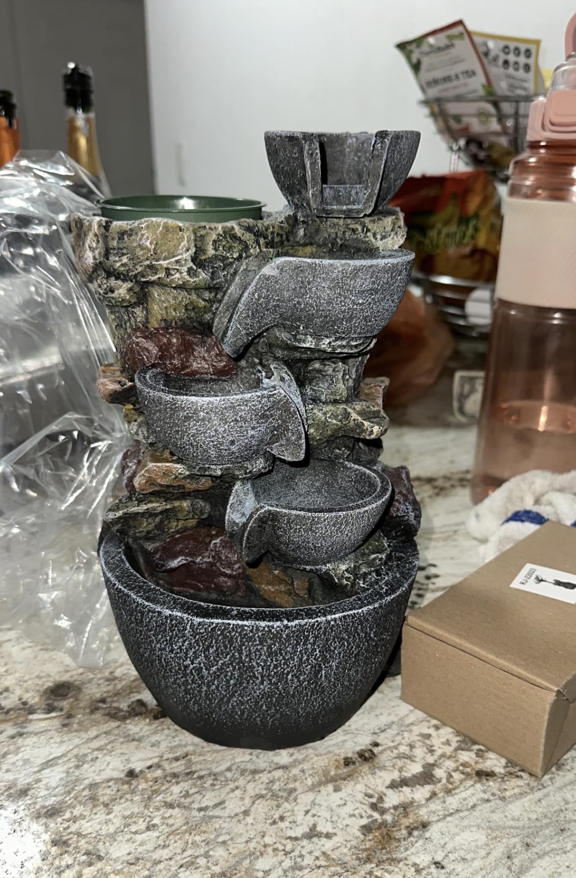 Haobos Indoor Fountain 4-Bowl Rockery Soothing Sound Tabletop Fountains Home/Office Decor Gift for Mom,Mother Day Present with A Small Plastic Pot to Grow Plant/Hebs By Yourself (Automatic Watering) customer photo 1