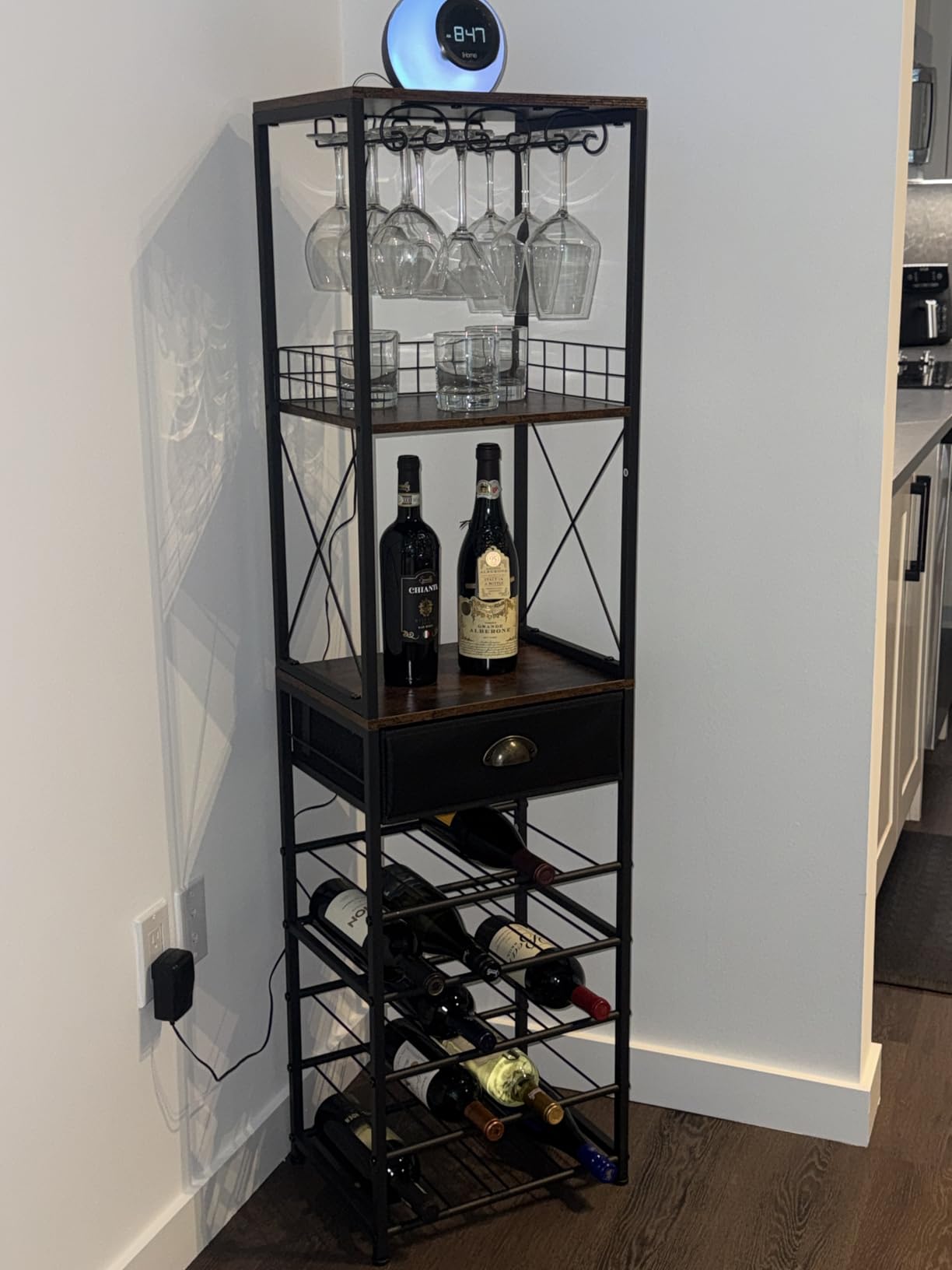 Homeiju Wine Rack Freestanding Floor, Bar Cabinet for Liquor and Glasses | 4-Tier Bar Cabinet with Tabletop, Glass Holder, Storage Drawer and Wine Storage for Living Room customer photo 2