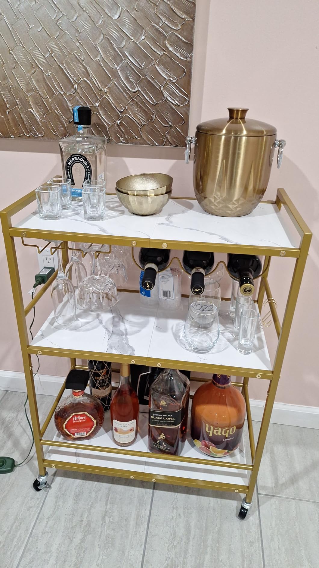 TUTOTAK Bar Cart with Wheels, Drink Cart with Wine Rack and Glass Holder | 3-Tier 23.7 Inch Wide Home Bar Serving Carts, Small Mobile Kitchen Shelf with 6 Hooks, Rustic Brown BC01BB030 customer photo 1