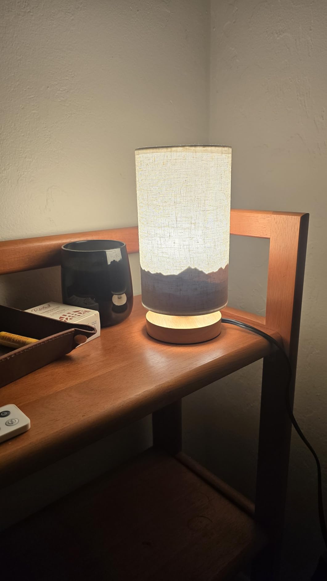 Small Bedside Night Table Lamp for Bedroom, Minimalist Nightstand Lamp with Round Fabric Linen Shade, Study Reading Desk Lamp for Kids Room, Living Room, College Dorm, Home, Office customer photo 2