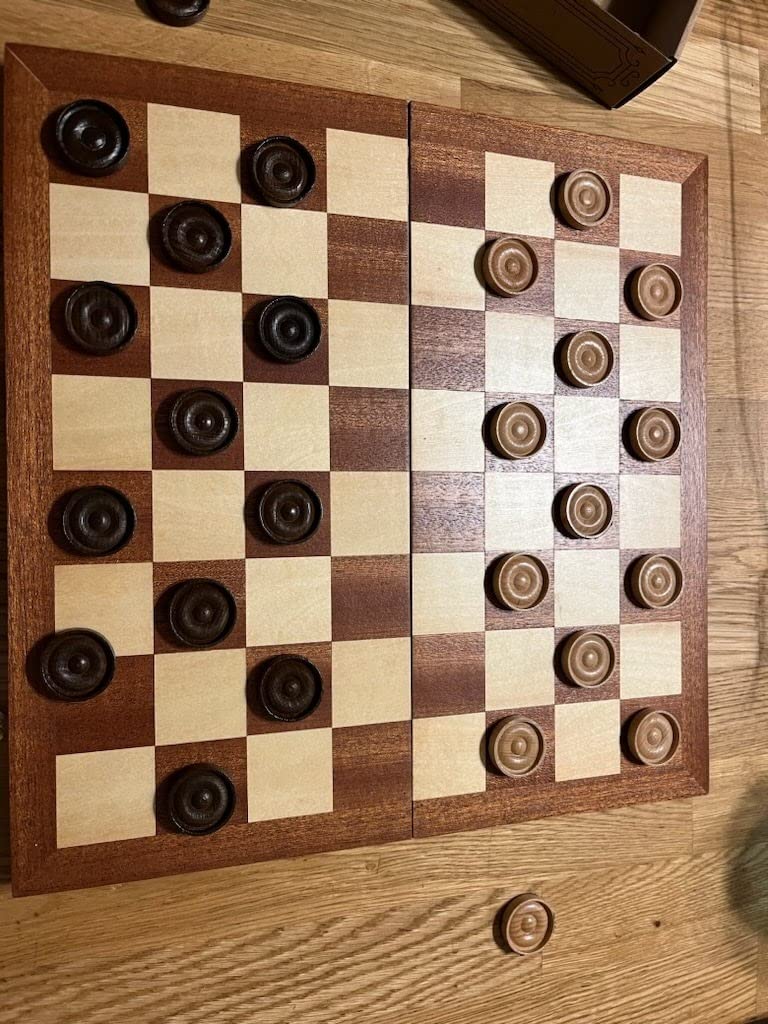 VAMSLOVE 14inch Checkers Folding Wooden Game Set, 8x8 Classic Checkerboard International Checkers Draughts Board 64 Square with Pieces Storage Slots (Instructions Included) customer photo 2