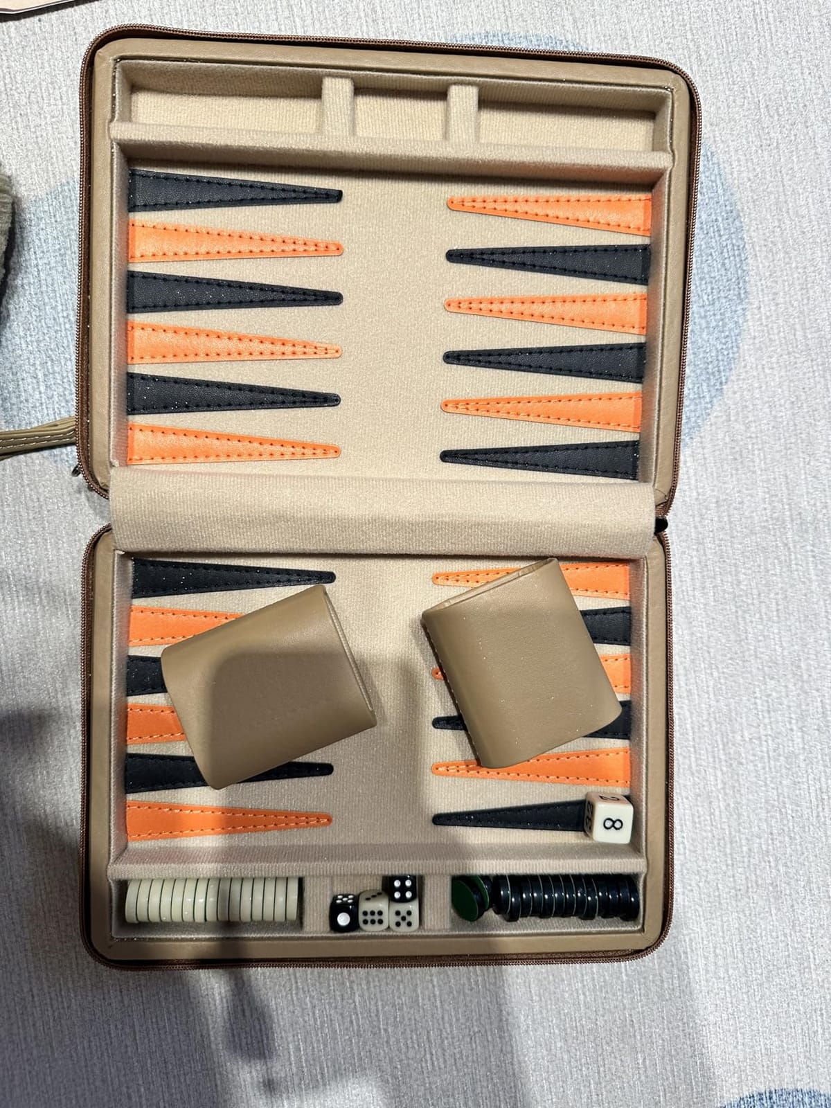YMI Izmir Magnetic Travel Backgammon Set, 9 in | Magnetic travel backgammon set, 9-inch, with checkers, 4 dice, doubling cube, and 2 dice cups in a leatherette case. customer photo 2