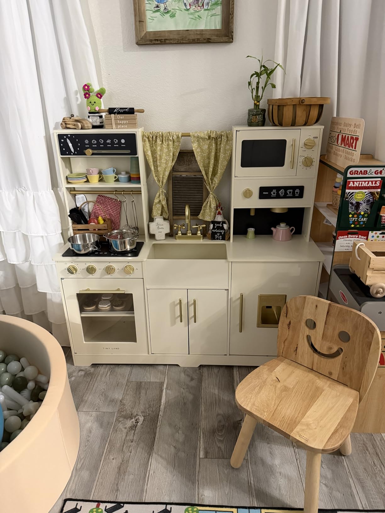 Tiny Land Play Kitchen for Kids - Modern Home Design with Fabric Curtains | Interactive Wooden Kitchen with Coffee Maker & Microwave, Pretend Play Toy, Birthday & Christmas Gift for Boys & Girls customer photo 2