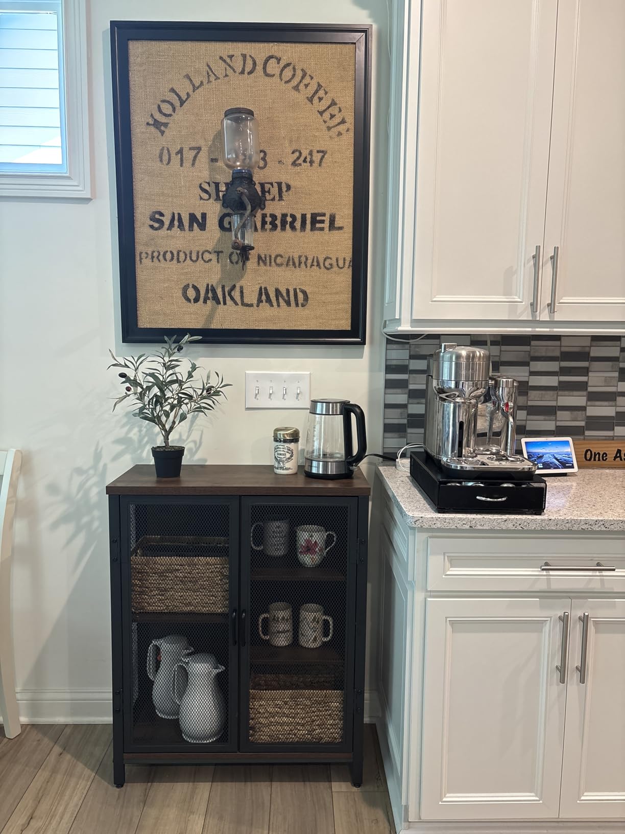 BON AUGURE Small Coffee Bar Cabinet, Liquor Storage, Rustic Oak, 2-Doors | Adjustable Shelves, Farmhouse Industrial, Wood and Metal, Mini Sideboard Buffet for Home bar, Kitchen, Living Room, Dining customer photo 2