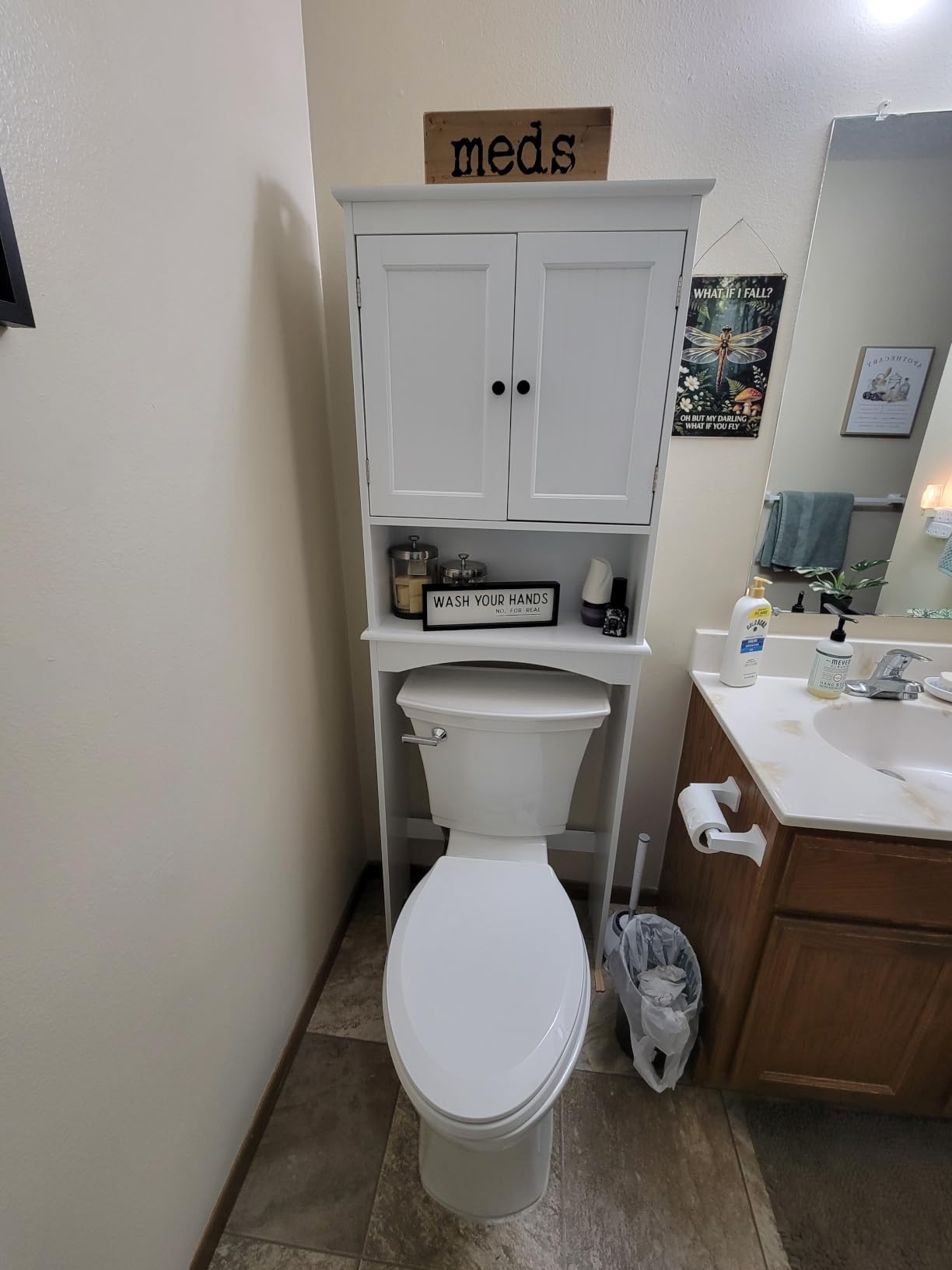 Gizoon Over the Toilet Storage Cabinet with Adjustable Shelf, White | Bathroom Space Saver Organizer Above Toilet with Open Shelf and Double Doors, Taller Wooden Free Standing Toilet Rack customer photo 2