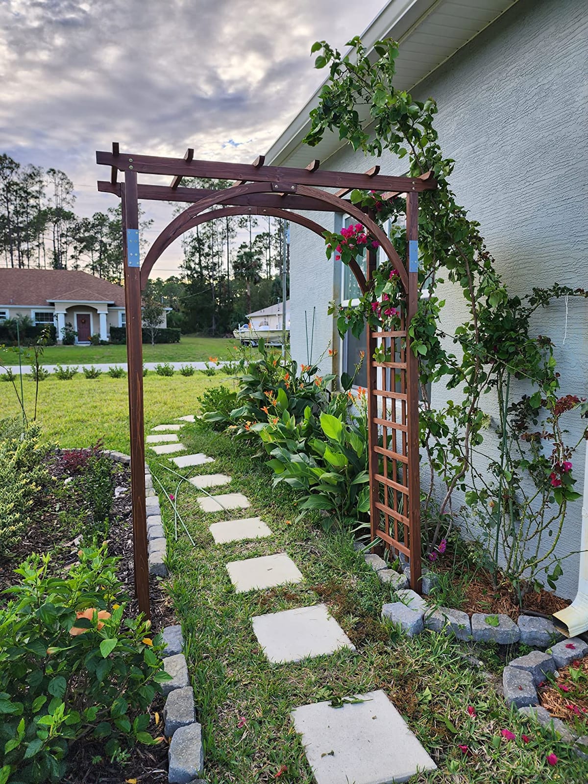 Outvita 7Ft Dark Brown Wooden Garden Arbor Arch Trellis | Heavy duty wood pergola archway for climbing roses vines, perfect for patio lawn courtyard wedding ceremony decor customer photo 1