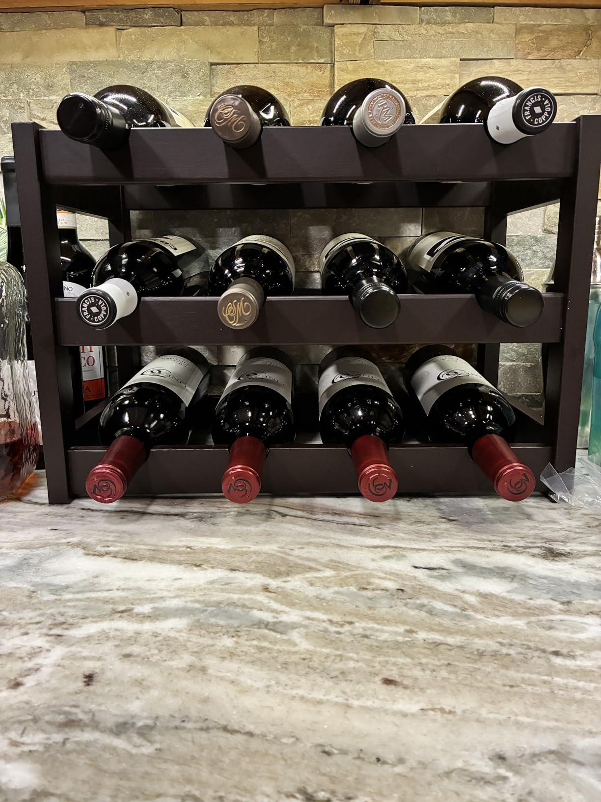 VASMIA Bamboo Wine Rack, Sturdy and Durable Wine Storage Cabinet Shelf, Wine Racks Countertop for Pantry,Kitchen,3-Tier 12 Bottles Wine Rack Black customer photo 2