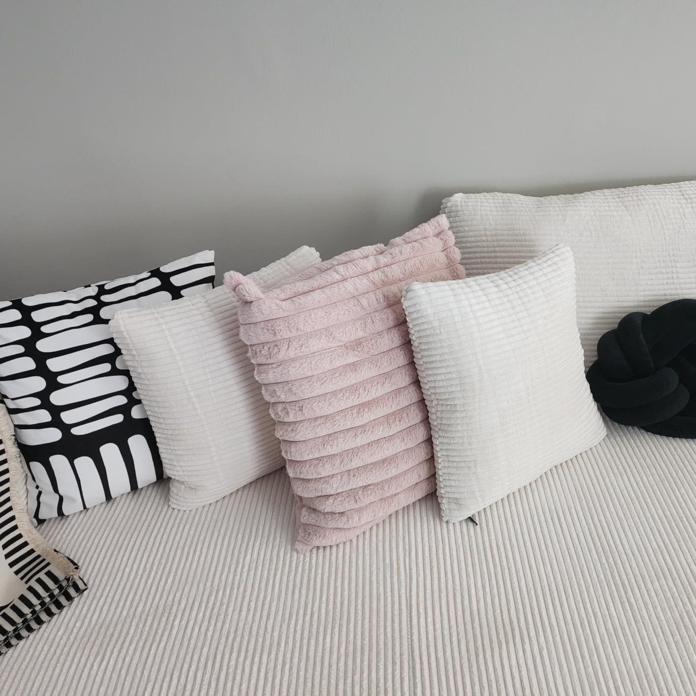 Pallene Faux Fur Decorative Throw Pillow Covers 18x18 Set of 2, Cream White | Luxury Plush Texture, Striped Design, Cozy Soft Touch customer photo 1