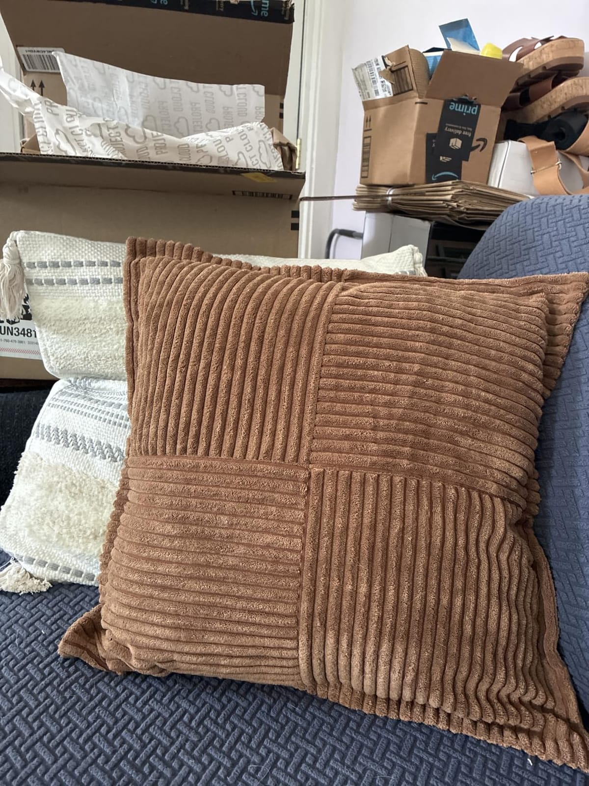 MIULEE Decorative Throw Pillow Covers for Couch 18x18 Inch Beige 2 Pack | Boho Broadside Striped Patchwork Pillow Covers, Soft Corduroy customer photo 2