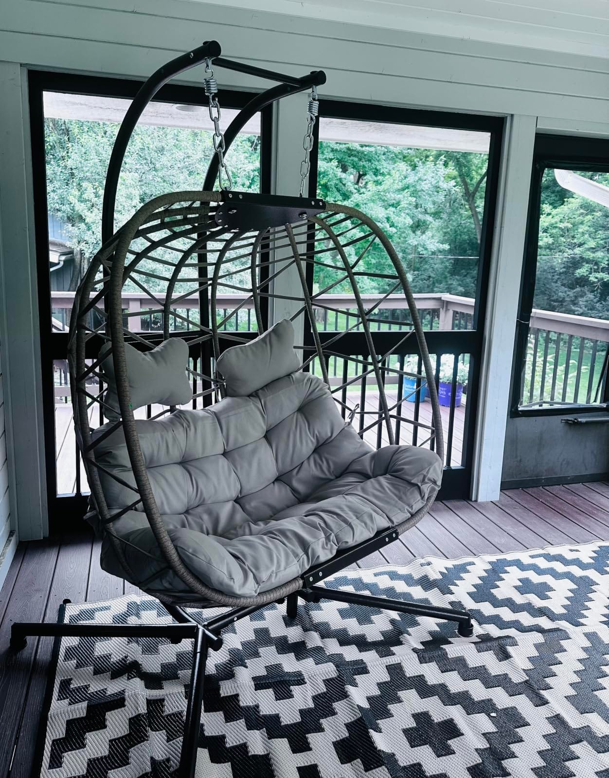 Double Swing Egg Chair with Stand, Extra Large 2 Person Indoor Outdoor Wicker Loveseat, Oversized Patio Hanging Basket Chair with Cushions, Cozy Sturdy Porch Swing for Backyard Balcony, Beige customer photo 2