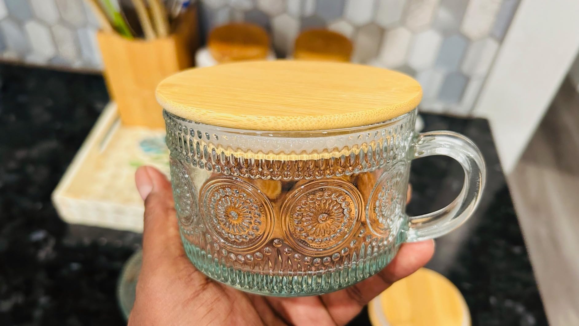 LANDNEOO 4pcs Set Vintage Coffee Mugs gifts for women, Overnight Oats Containers with Bamboo Lids and Spoons - 14oz Clear Embossed Glass Cups, Cute Coffee Bar Accessories, Iced Coffee Glasses customer photo 1