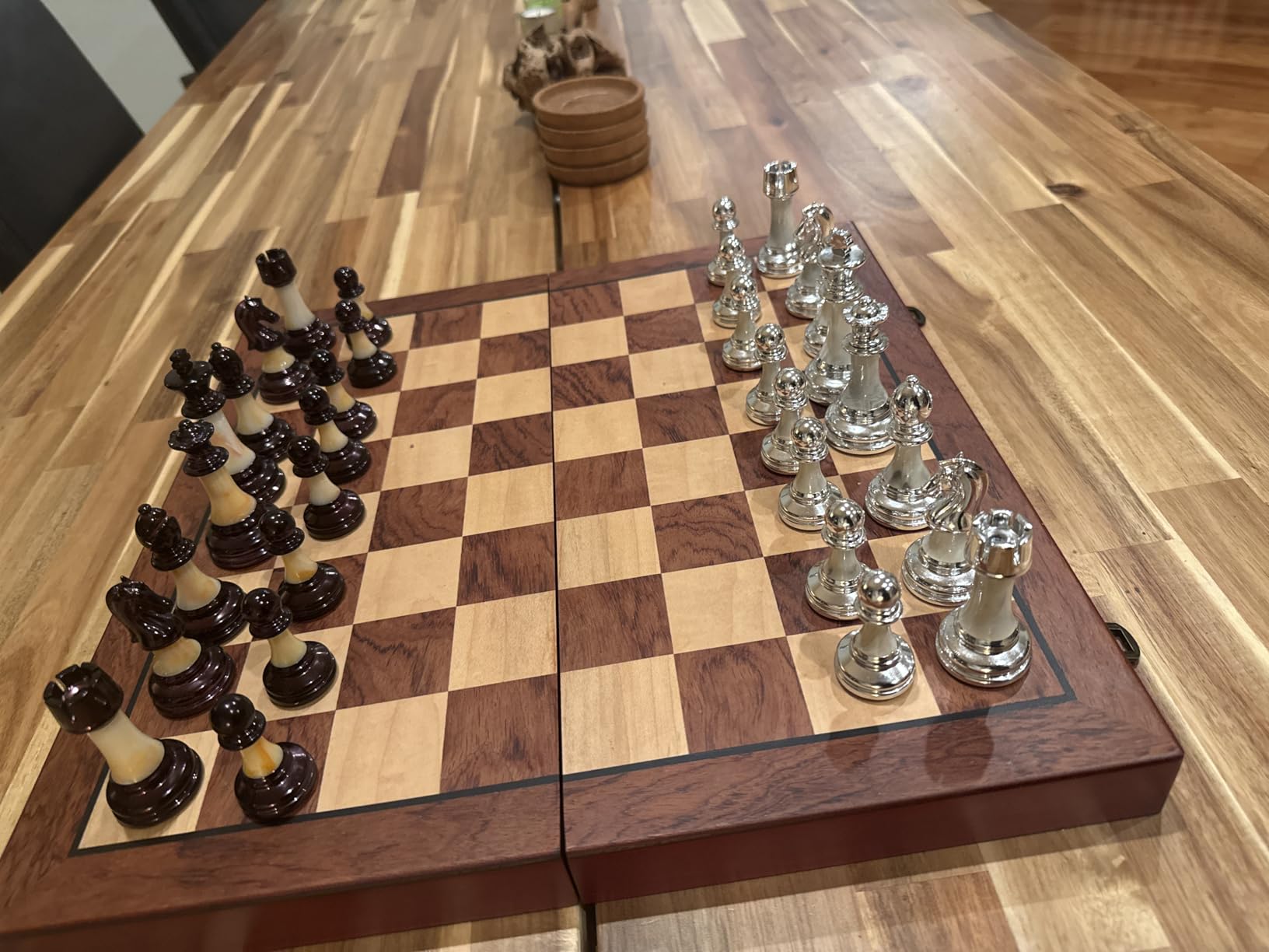 VAMSLOVE Chess Set Large 16''/42cm Folding Wooden Board with Deluxe Weighted Acrylic Chess Pieces - 3.5