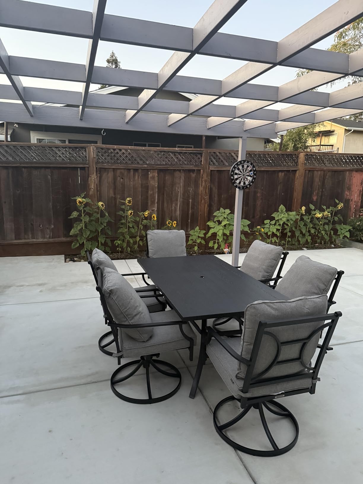 Grand Patio 7-Piece Patio Dining Set for 6, E-Coated Outdoor Dining Set Swivel Patio Dining Chairs with Olefin Cushions & 1 Black Rectangular Faux Woodgrain Dining Table with 1.5