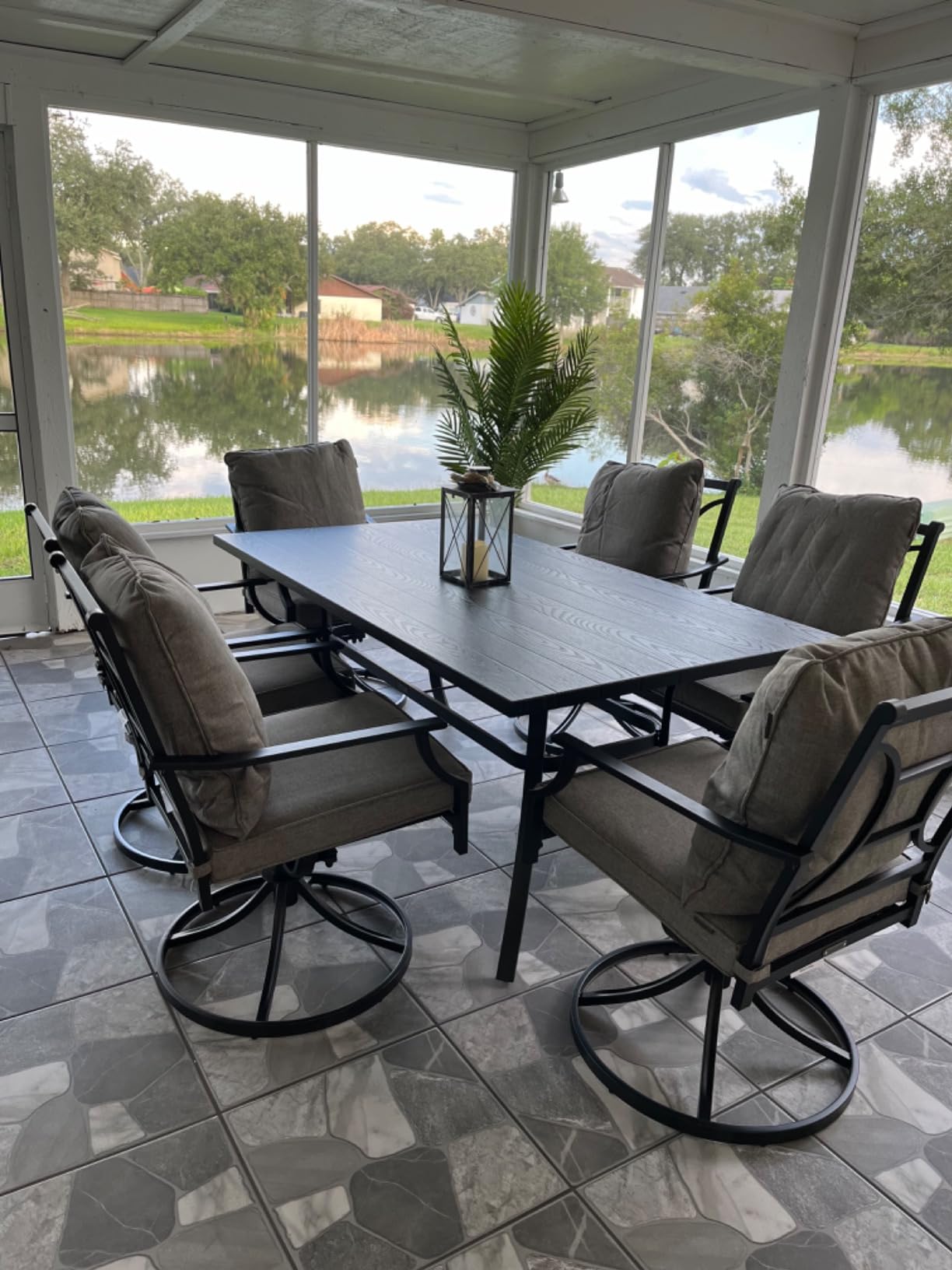 Grand Patio 7-Piece Patio Dining Set for 6, E-Coated Outdoor Dining Set Swivel Patio Dining Chairs with Olefin Cushions & 1 Black Rectangular Faux Woodgrain Dining Table with 1.5