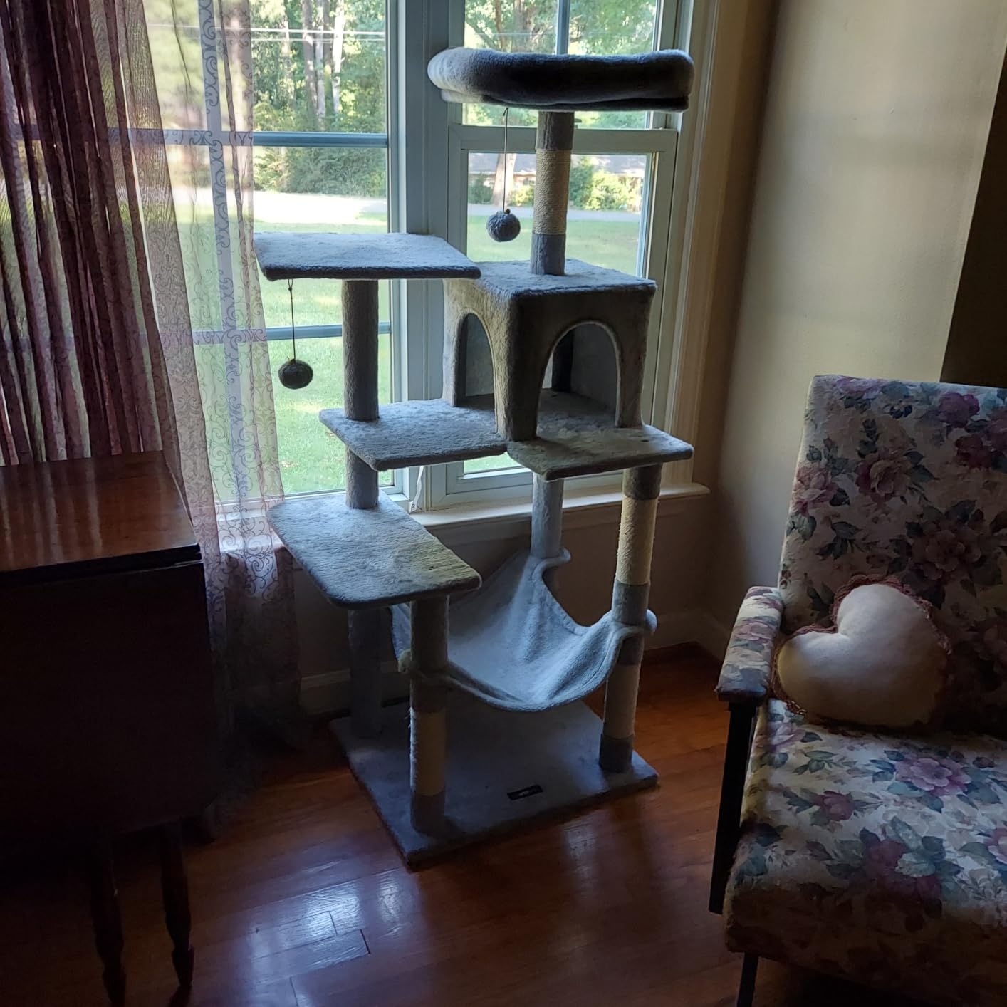 Feandrea Cat Tree, 59.5-Inch Tall Cat Tower, Plush Multi-Level Condo with 5 Scratching Posts, 2 Perches, 2 Caves, Hammock, 2 Pompoms, Light Gray UPCT192W01 customer photo 1