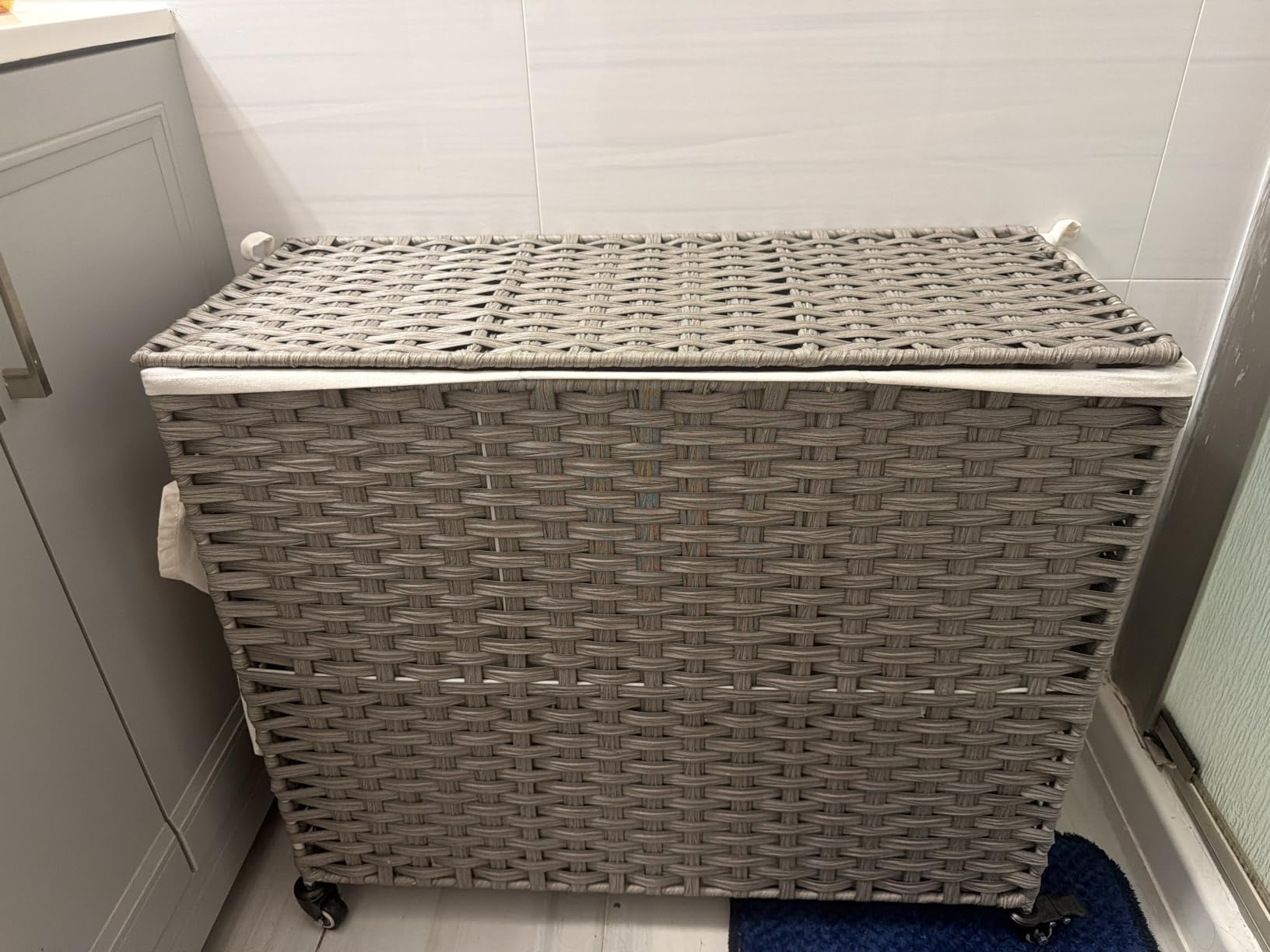 SONGMICS Rolling Laundry Hamper with Lid, 160 L 3-Section Synthetic Rattan | Laundry Basket with Wheels, Removable Liner, 29.9 x 13 x 26 Inches, Natural, ELIOTT Collection ULCB365N01 customer photo 2