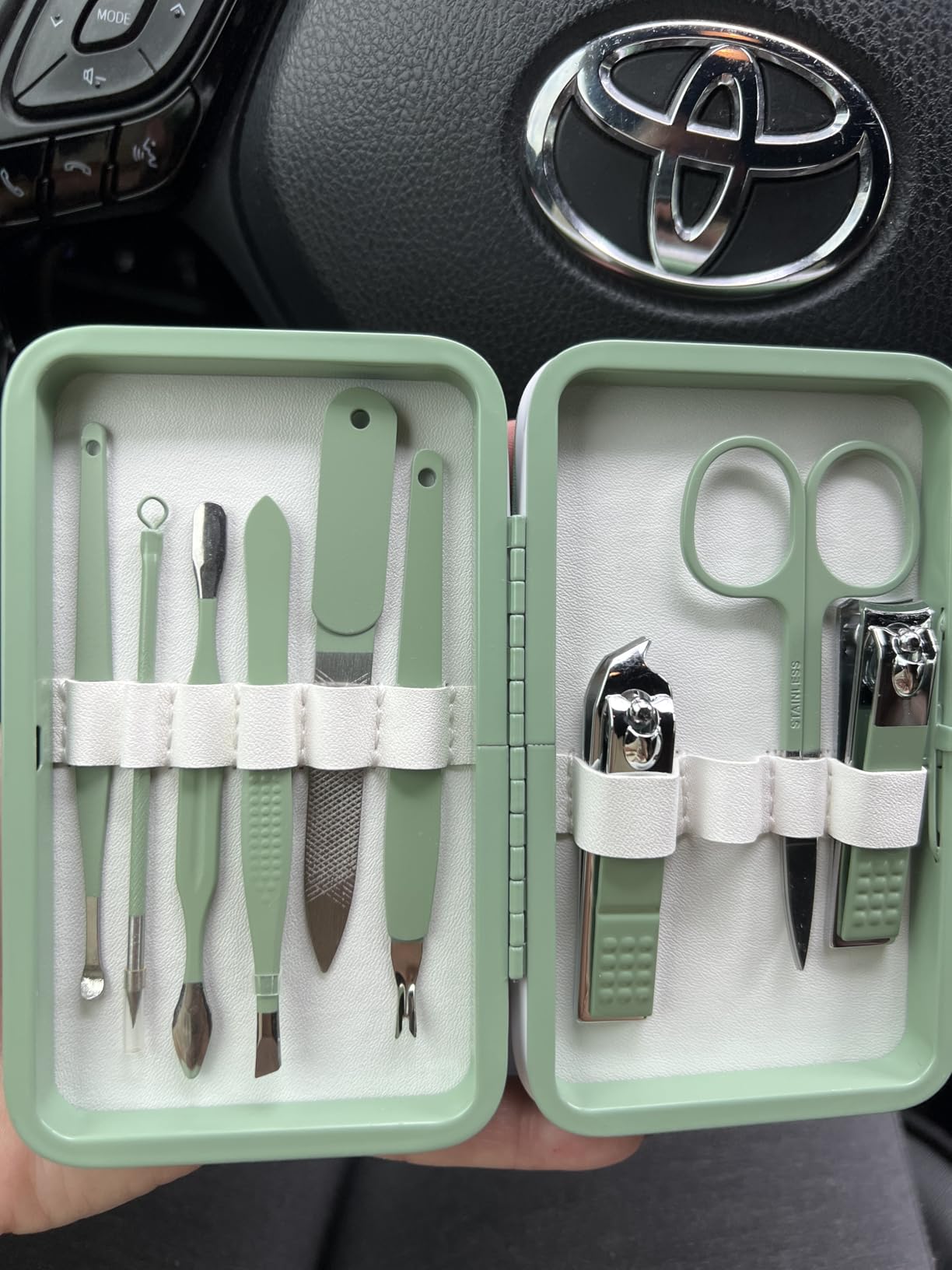 HANTEKAS Manicure Set 10 in 1 Stainless Steel, Nail Clippers Scissors Pedicure Tools Kit - Portable Travel Grooming Kit for Men and Women with Leather Case (Jade Green) customer photo 1