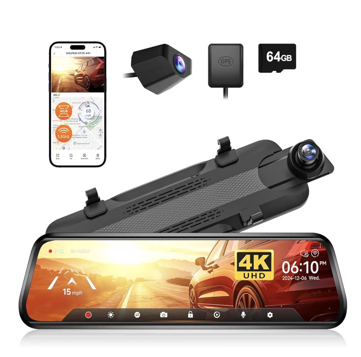 WOLFBOX G930 10'' 4K Rear View Mirror Camera with 64GB Card, 5.8GHz WiFi | Dash Cam Front and Rear with WDR, Touch Screen Rearview Mirror Backup Camera, Night Vision, Parking Monitor, Reverse Assist, GPS customer photo 2