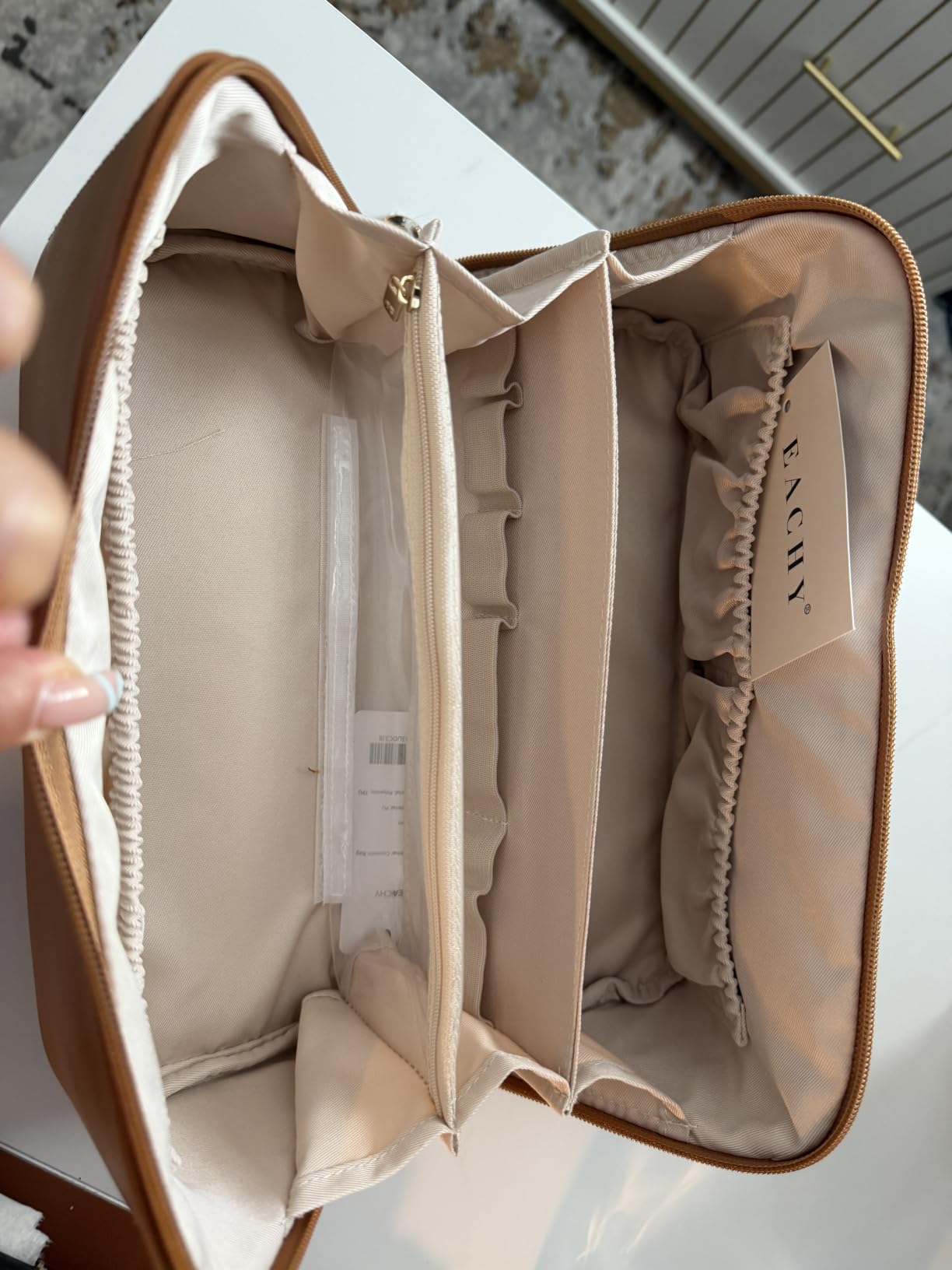 EACHY Travel Makeup Bag for Women, PU Leather Cosmetic Bag, Brown, Medium | Water-resistant PU leather exterior with flat-open access, clear TPU brush compartment and organized storage for cosmetics customer photo 1