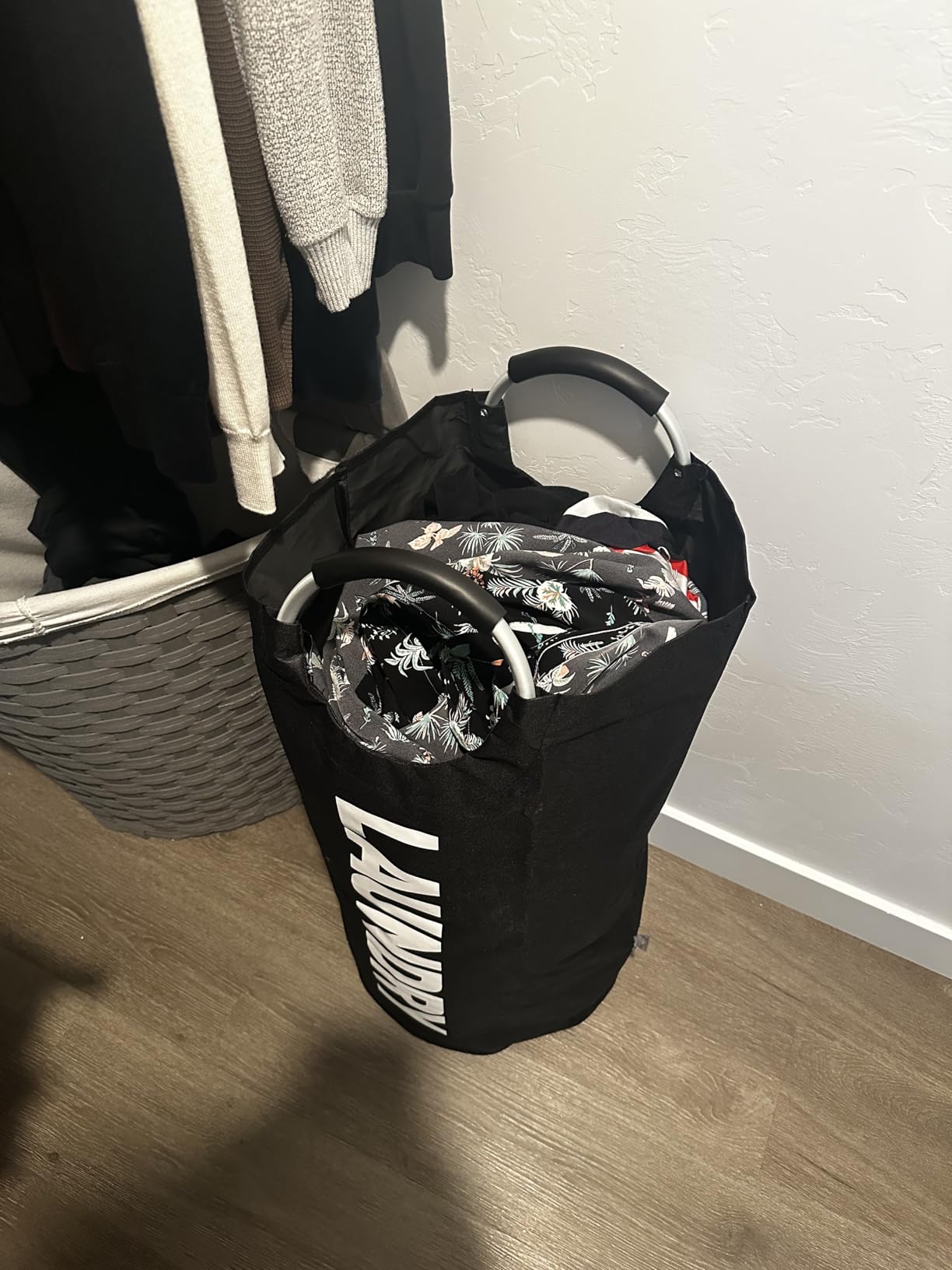 DOKEHOM 90L Large Laundry Basket Bag, Collapsible Tall Hamper, Black | Freestanding tall washing bin & foldable laundry bag. High-capacity clothes storage basket with durable sturdy handles customer photo 1