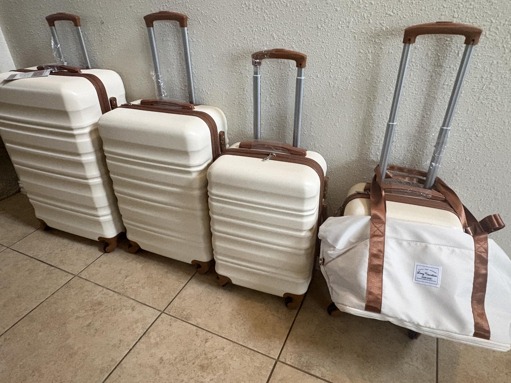 LONG VACATION 6 Piece Luggage Set Carry on Suitcase with ABS+PC hardshell, Spinner Wheels & YKK Zipper TSA Lock (BEIGE-BROWN, 6 piece set) customer photo 1