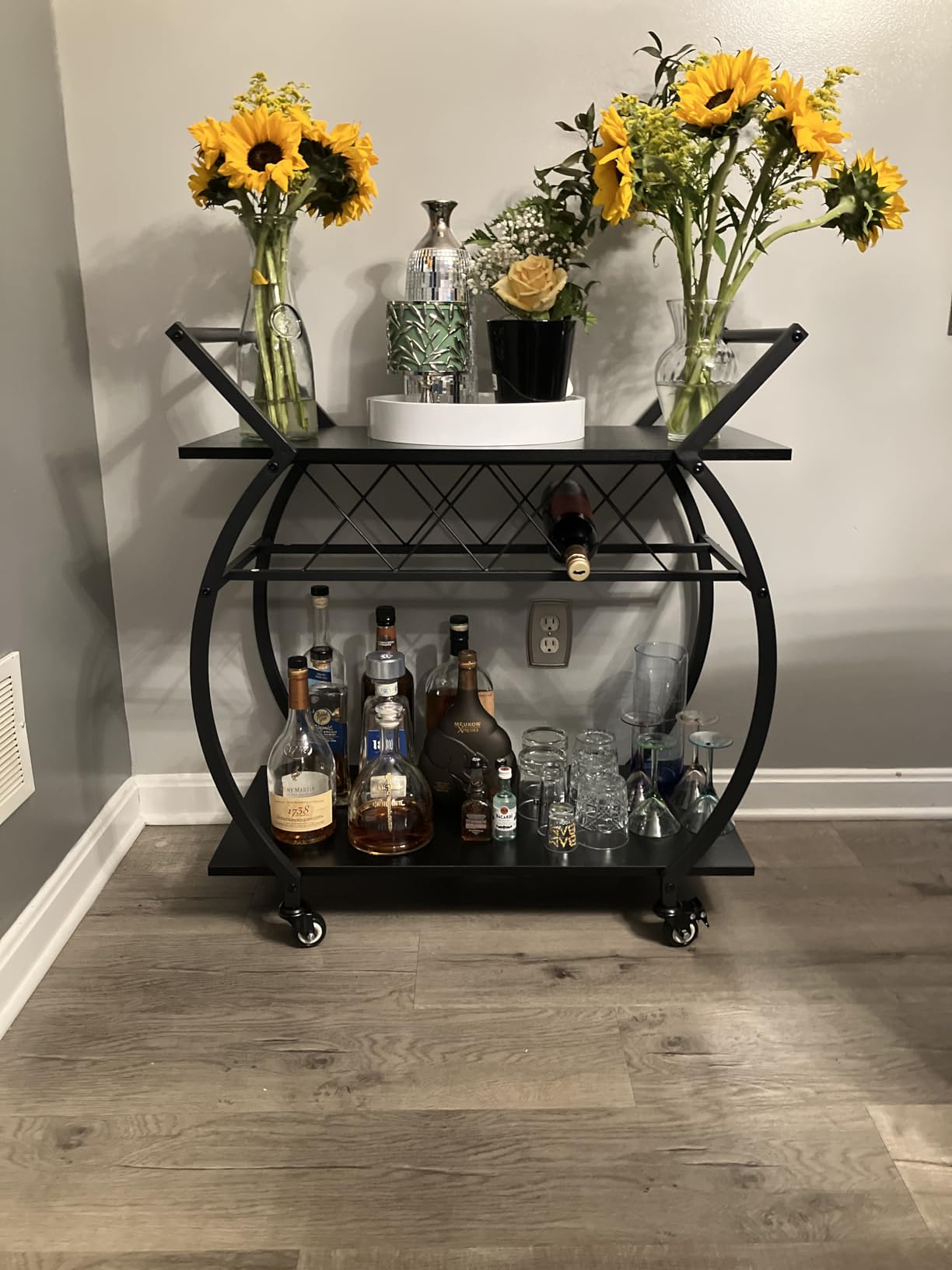 LVB Black Bar Cart with Wheels, Industrial Wine Cart with Storage for Home | Modern Bar Cart with Wine Rack, Beverage Rolling Kitchen Serving Cart, Wooden Microwave Drink Liquor Cart for Dining Room customer photo 1