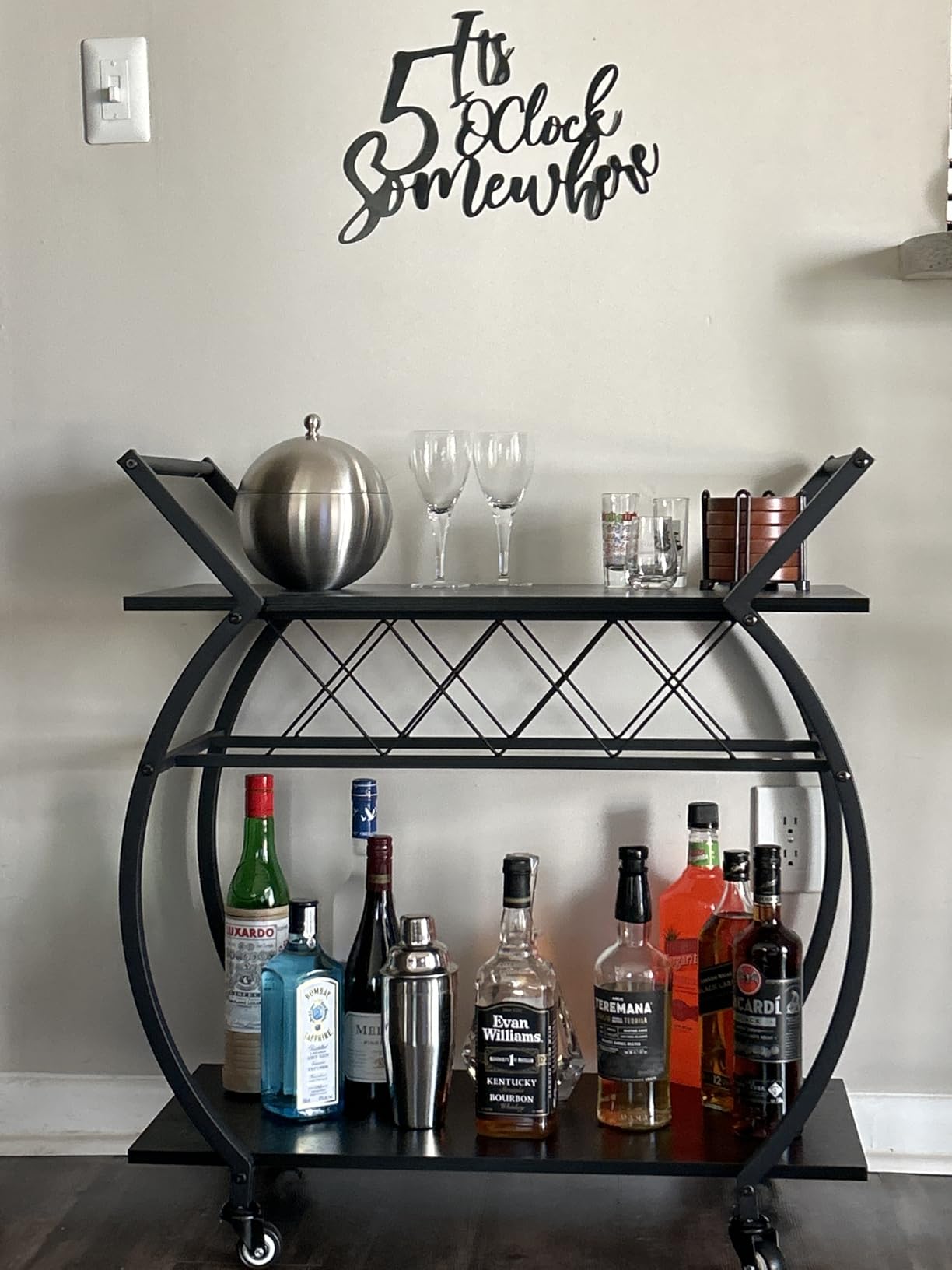 LVB Black Bar Cart with Wheels, Industrial Wine Cart with Storage for Home | Modern Bar Cart with Wine Rack, Beverage Rolling Kitchen Serving Cart, Wooden Microwave Drink Liquor Cart for Dining Room customer photo 2
