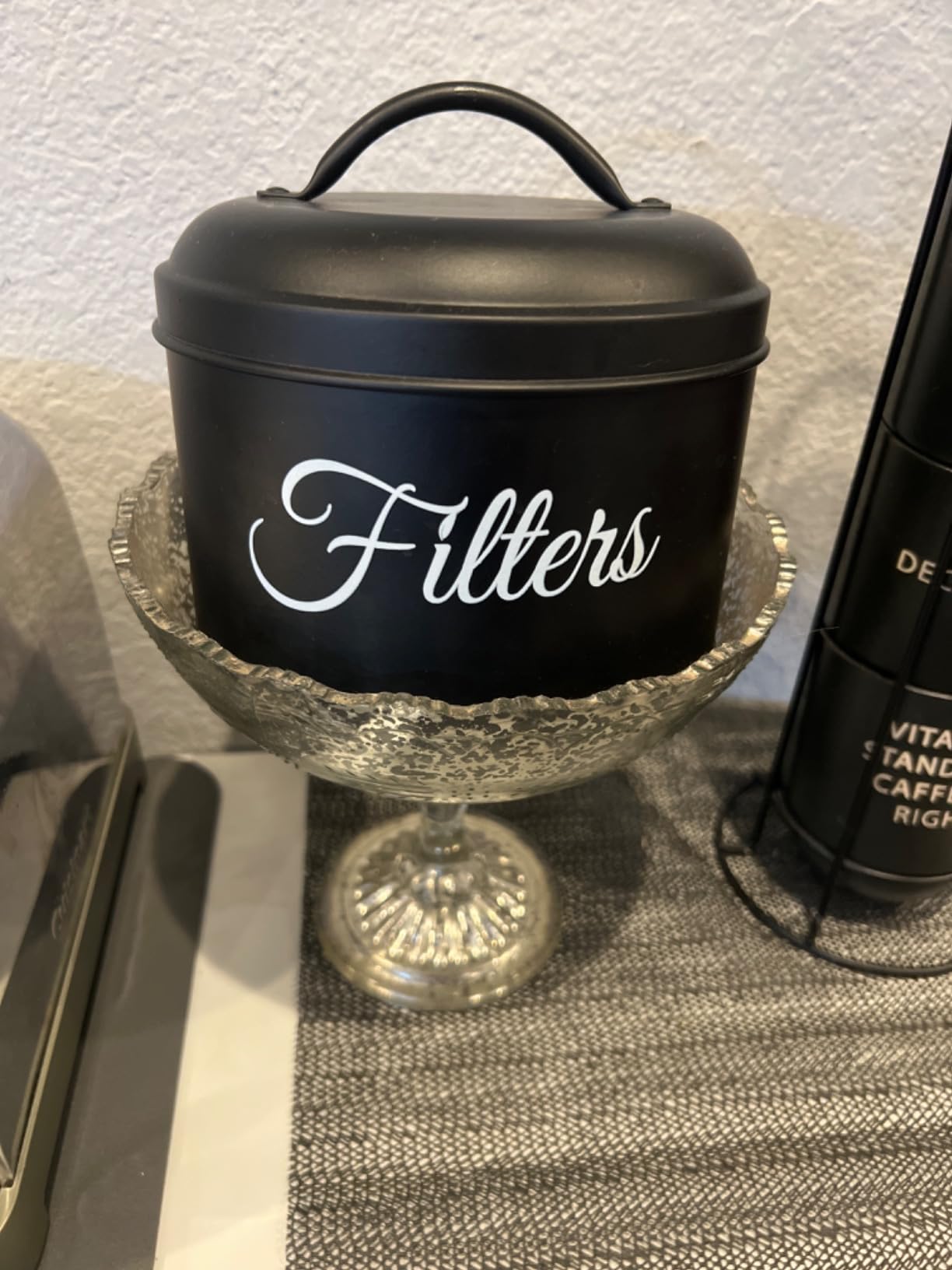 Coffee Filter Holder, Black Basket Coffee Filter Holder Storage Container with Lid, Round Metal Coffee Filters Dispenser for Counter, Rustic Coffee Bar Accessories Decor customer photo 1