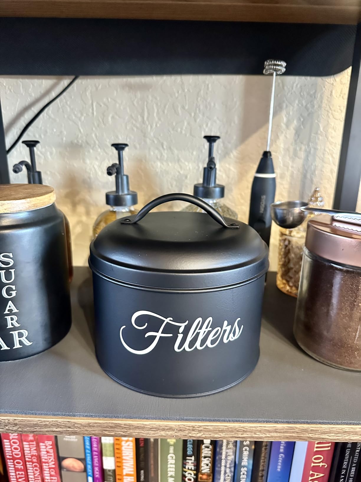 Coffee Filter Holder, Black Basket Coffee Filter Holder Storage Container with Lid, Round Metal Coffee Filters Dispenser for Counter, Rustic Coffee Bar Accessories Decor customer photo 2