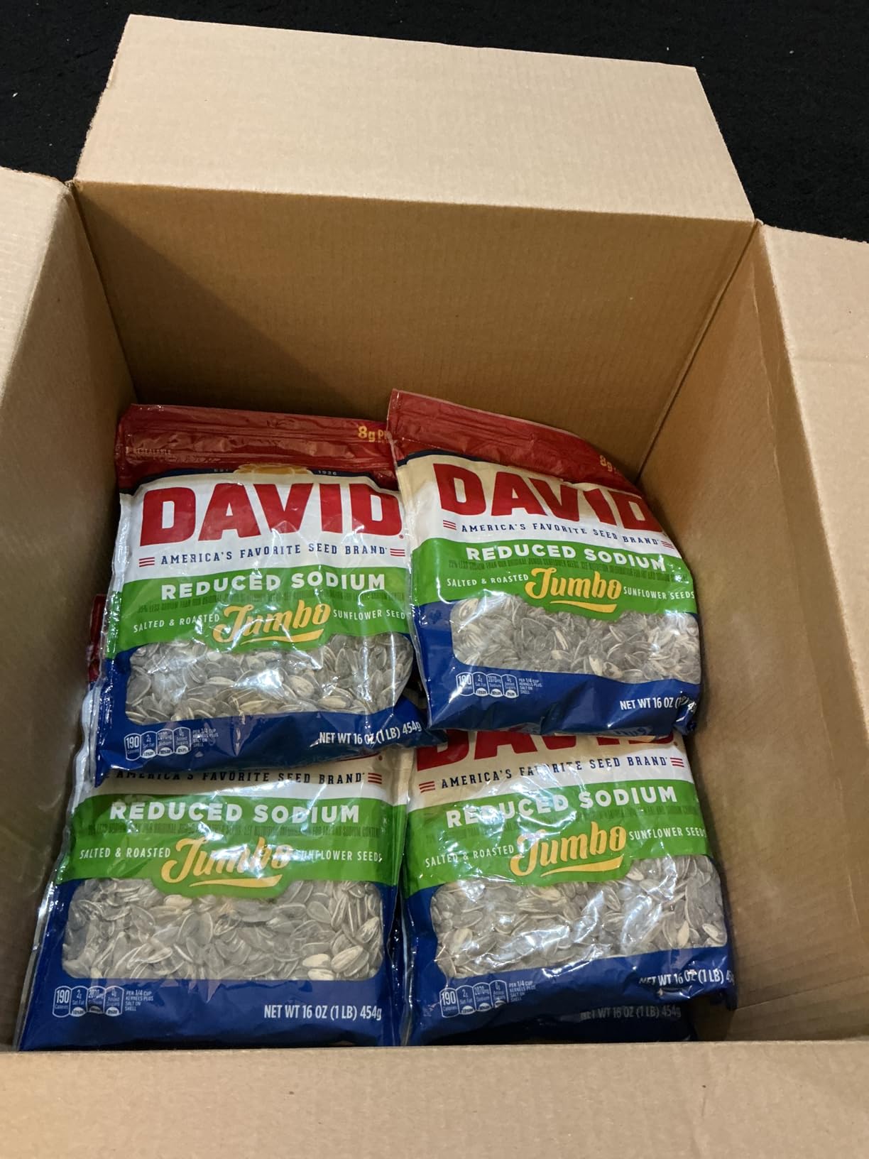 DAVID Reduced Sodium Sunflower Seeds, Original Flavor, 16 oz. | 8g protein per serving; Reduced Sodium Original flavor; great for baseball games & road trips; perfect for desk snacking customer photo 1