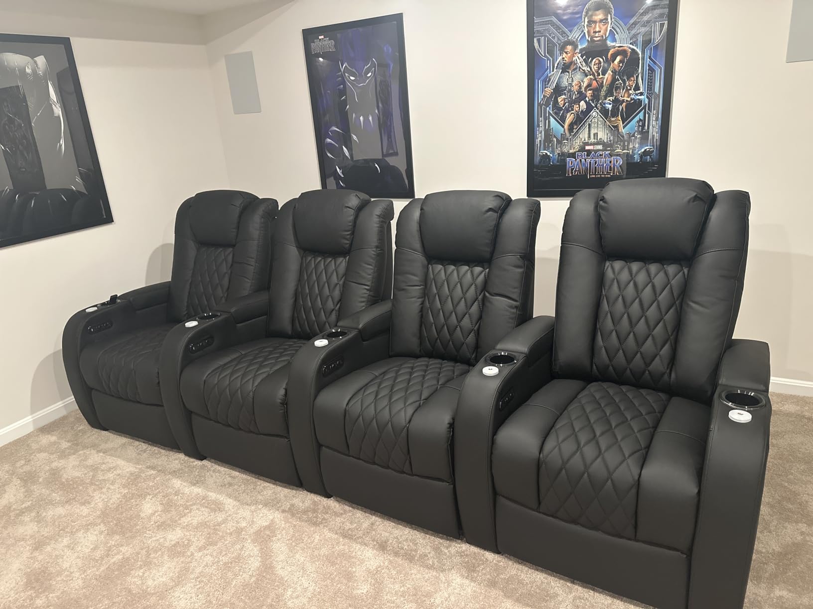 Weilianda Home Theater Seating, Top Grain Leather Movie Theater Chair | Black Row of 3 Loveseat Right, Zero Gravity, Power Headrest, Tray Table, Electric Reclining Seat for Media Room customer photo 1