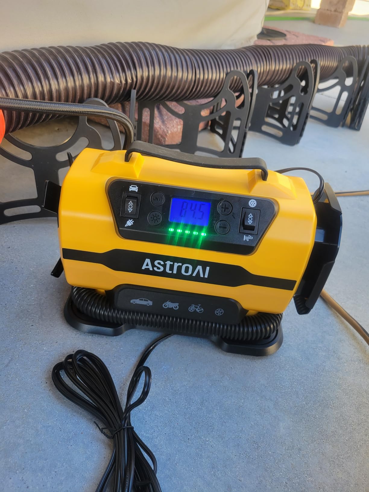 AstroAI Tire Inflator Portable Air Compressor, 12V DC/120V AC Dual Power | Fast-Inflating Air Pump with Dual Metal Motors, 150PSI Digital Gauge for Car, SUV, Bike Tires & Air Mattresses, Yellow customer photo 1