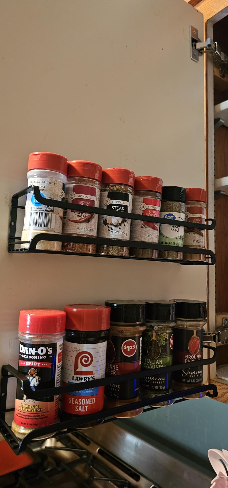Bunoxea Spice Rack Wall Mounted 4 Pack, For Spice Jars & Seasonings,Black | 4 Removalble Hooks,Screw or Adhesive Hanging, Space-Saving,For Kitchen Cabinet, Pantry Door,Stove,RV Use,11.41x2.75x2.75in customer photo 2