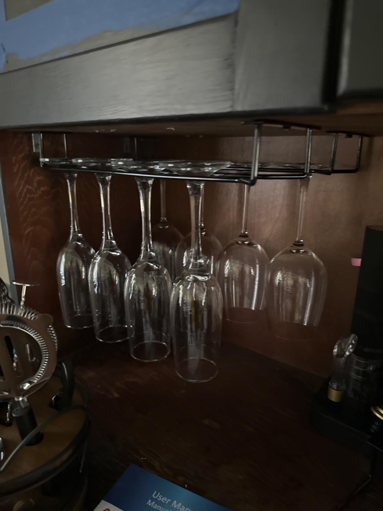 Dicunoy 6 Pack Black Wine Glass Rack, 14 Inch Under Cabinet Stemware Holder, Wall Mounted Iron Wine Glass Hanging Rack for Shelf, Kitchen, Bar, Wine Cellar Storage, Organizer, Display customer photo 2